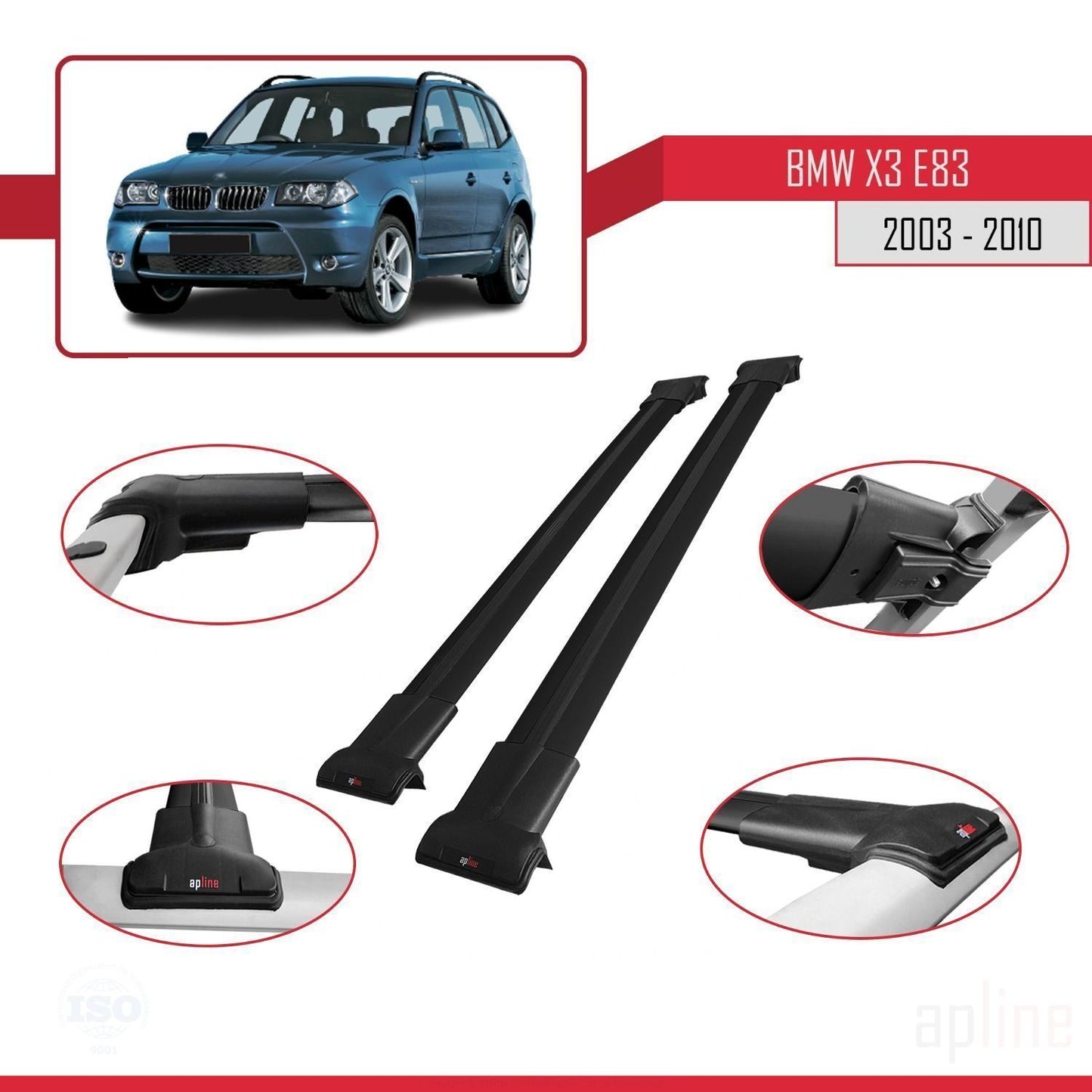 Compatibile con BMW X3 (E83) 2003-2010 FLY Model Barre Tetto Portapacchi Auto Barre Portatutto Nero Alluminio 2 Barre