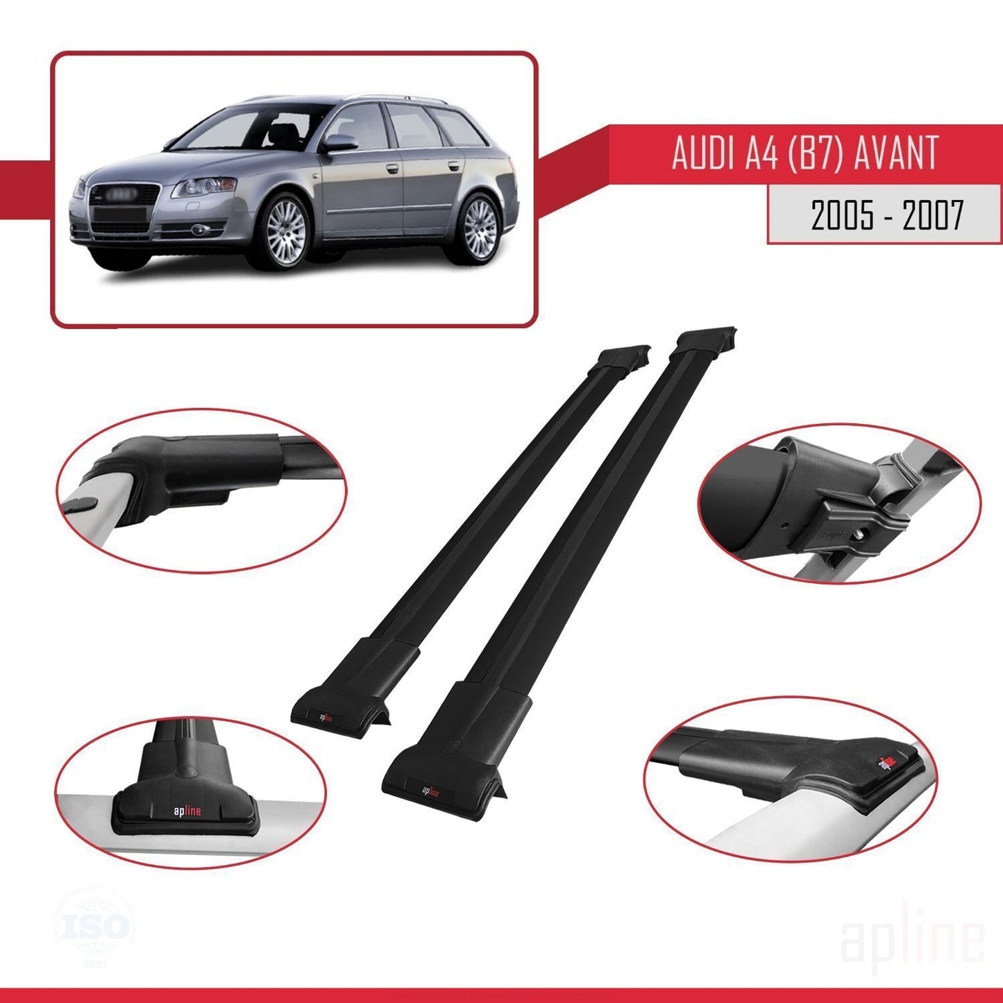 Compatible avec A4 (B7) Avant 2005-2007 FLY Model Barres de Toit Railing Porte-Bagages de Voiture Noir Aluminium 2 Barres