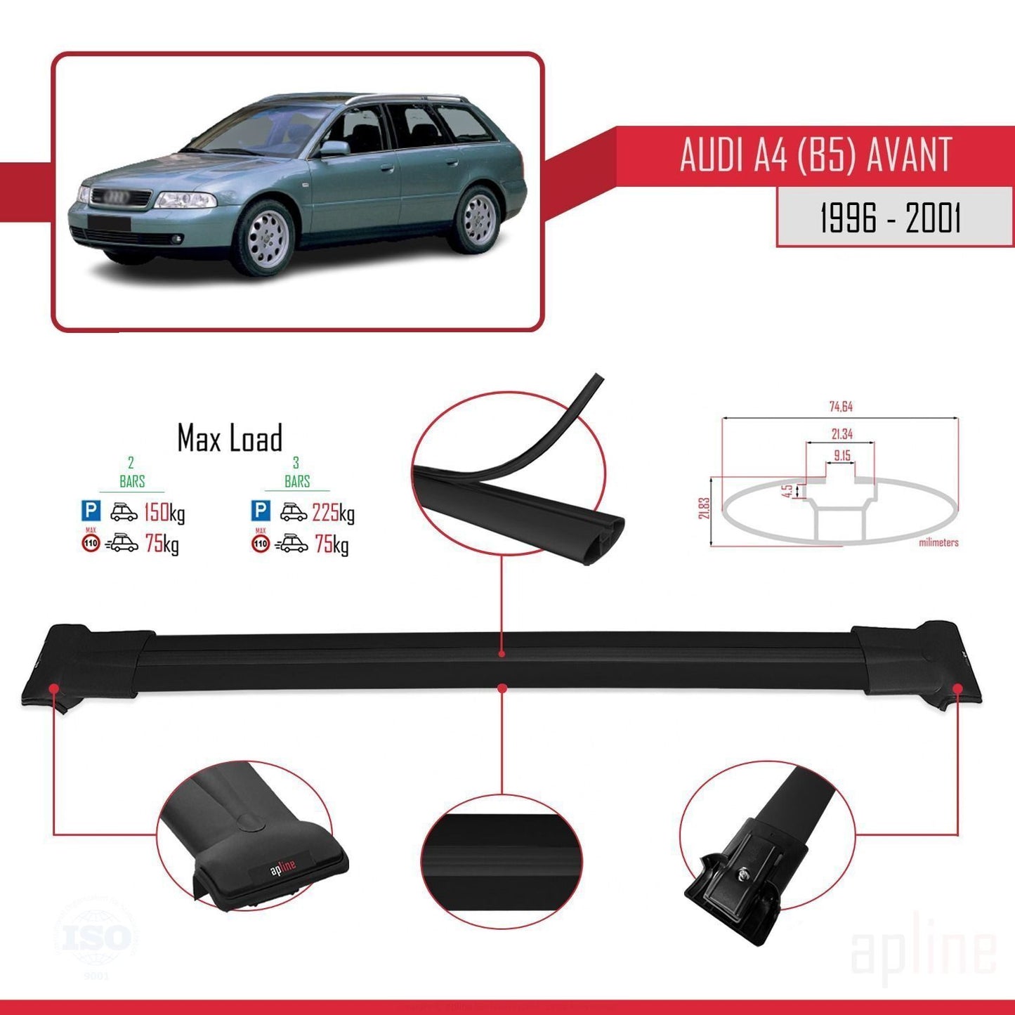 Compatible avec A4 (B5) Avant 1996-2001 FLY Model Barres de Toit Railing Porte-Bagages de Voiture Noir Aluminium 2 Barres