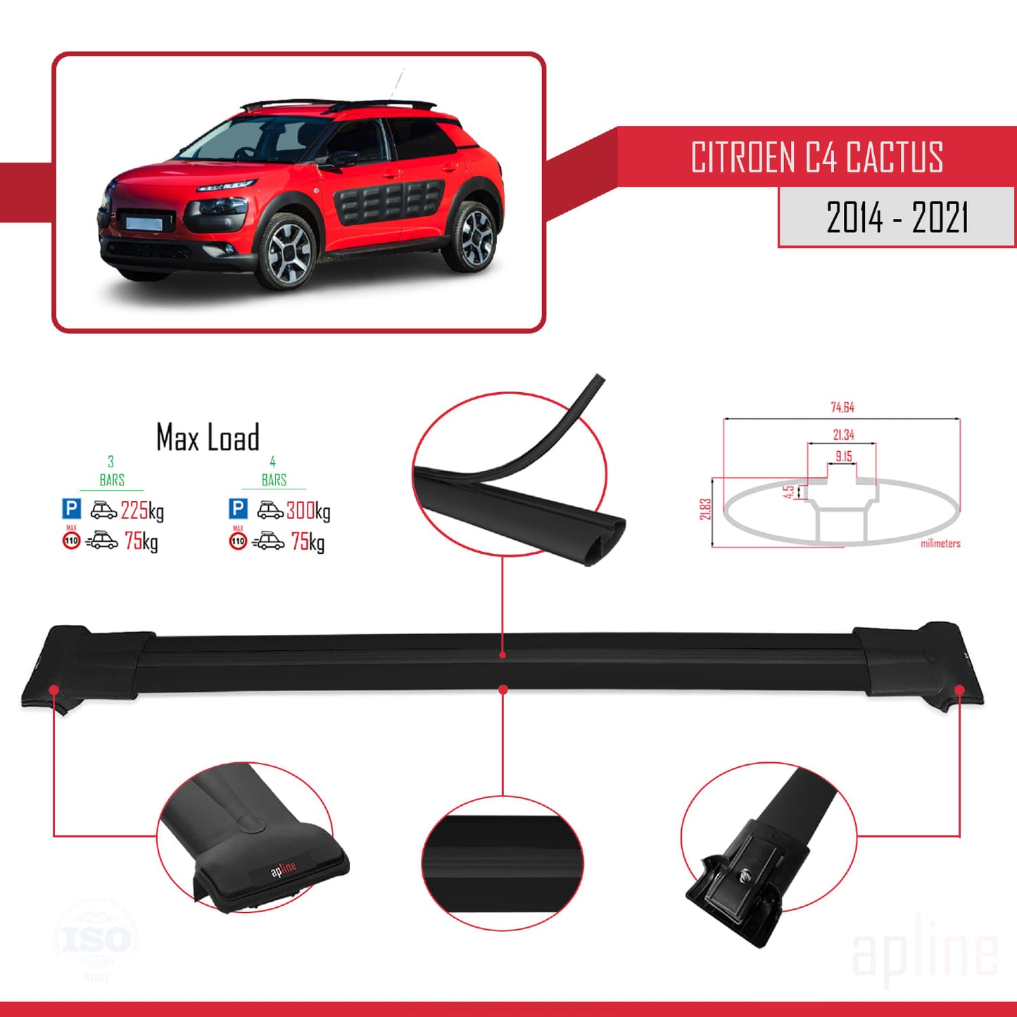 Compatible avec Citroen C4 Cactus 2014-2021 FLY Model Barres de Toit Railing Porte-Bagages de Voiture Noir Aluminium 3 Barres