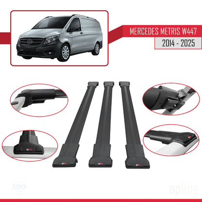 Compatible avec Mercedes Metris (W447) 2014-2025 FLY Model Barres de Toit Railing Porte-Bagages de Voiture Noir Aluminium 3 Barres