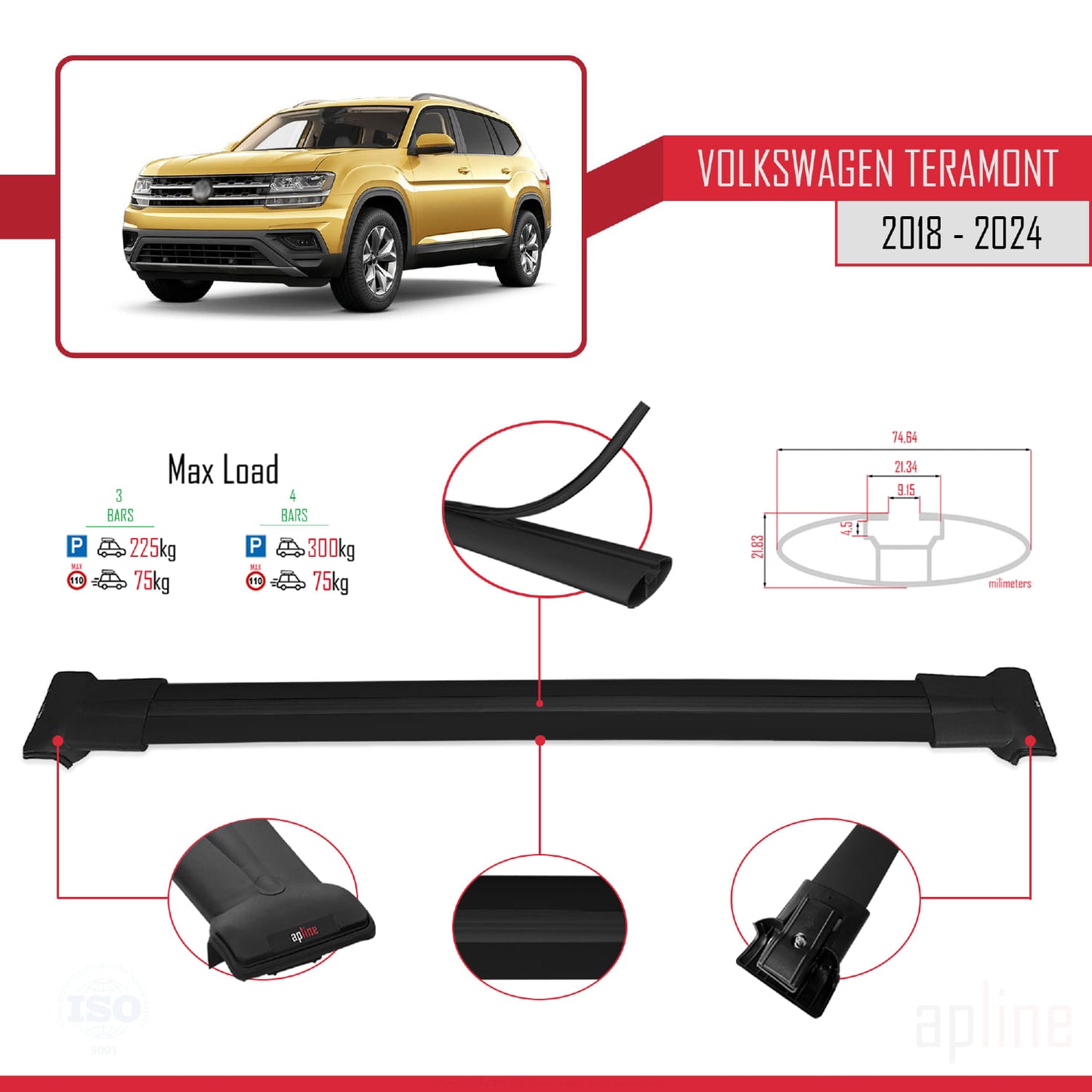 Compatibile con Volkswagen Teramont (CA1) 2018-2024 FLY Model Barre Tetto Portapacchi Auto Barre Portatutto Nero Alluminio 3 Barre