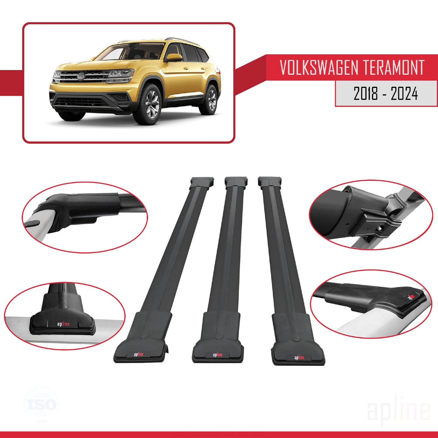 Compatibile con Volkswagen Teramont (CA1) 2018-2024 FLY Model Barre Tetto Portapacchi Auto Barre Portatutto Nero Alluminio 3 Barre