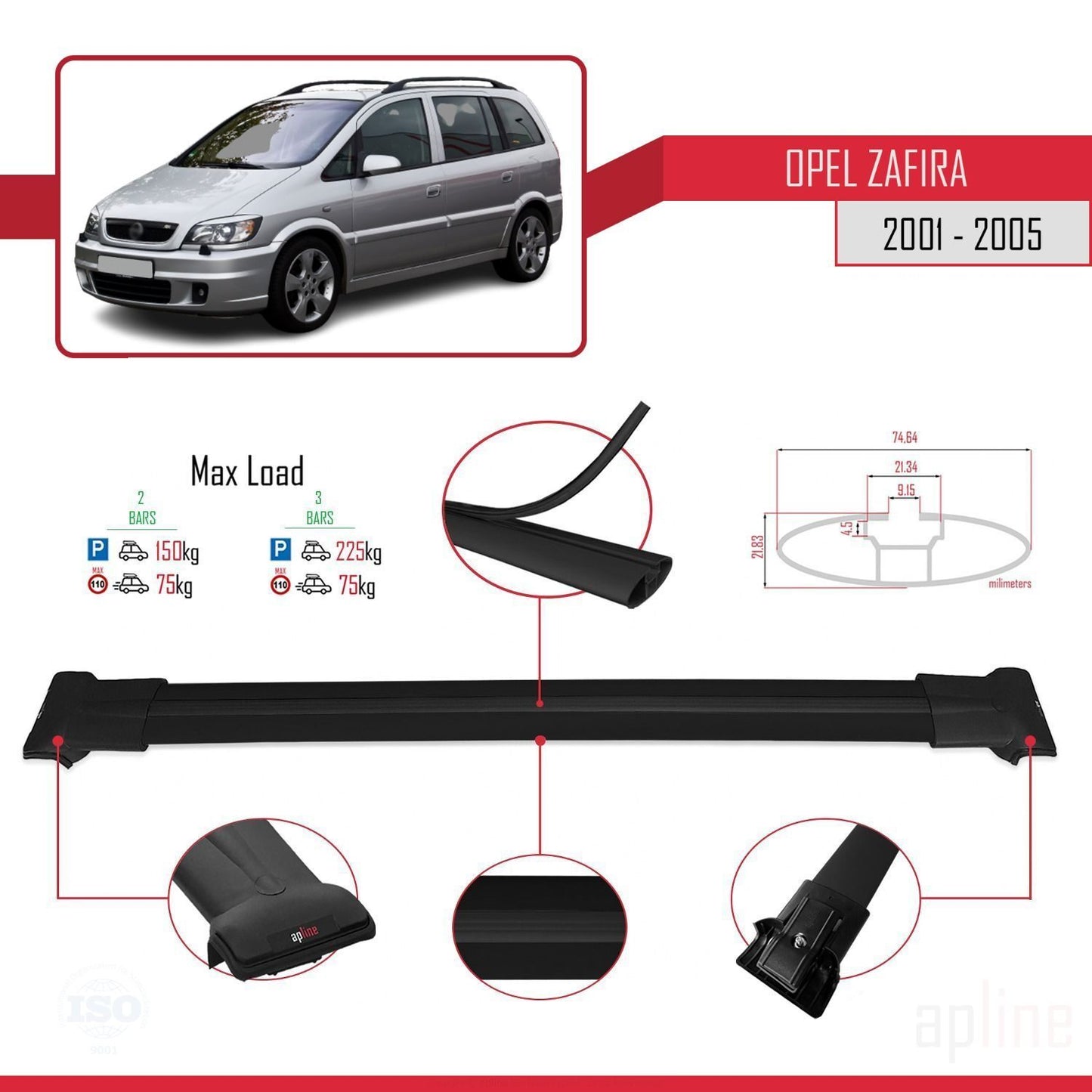 FLY Model Dakdrager bagagedrager compatibel met Opel Zafira A (T98) 2001-2005 Spoorstaven Zwart Aluminium 2 Staven