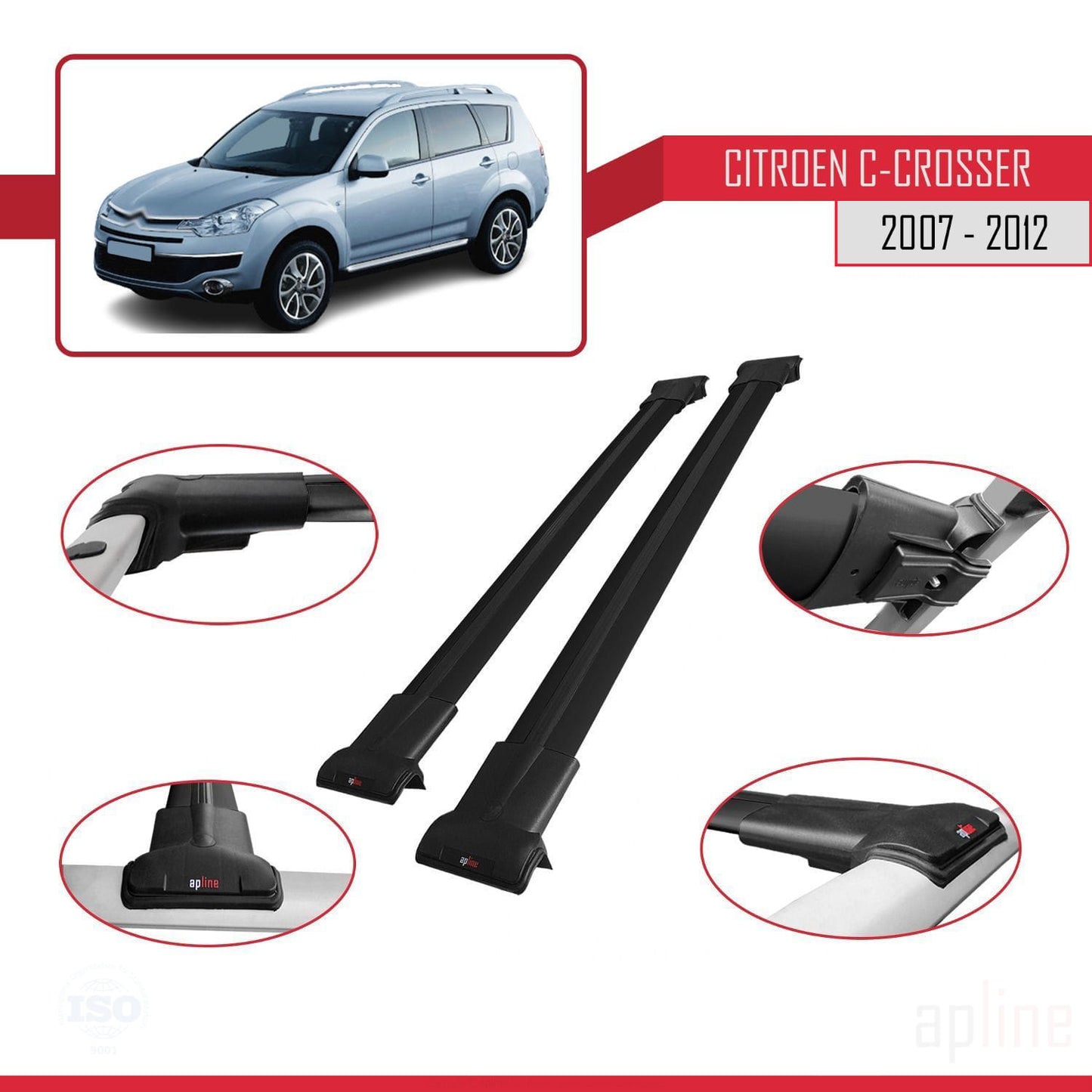 Compatible avec Citroen C-Crosser 2007-2012 FLY Model Barres de Toit Railing Porte-Bagages de Voiture Noir Aluminium 2 Barres