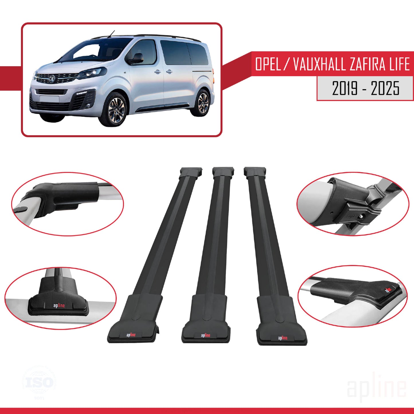 Kompatibel mit Opel Zafira Life 2019-2025 FLY Model Relingträger Dachträger Auto Gepäckträger Schwarz Aluminium 3 Stangen