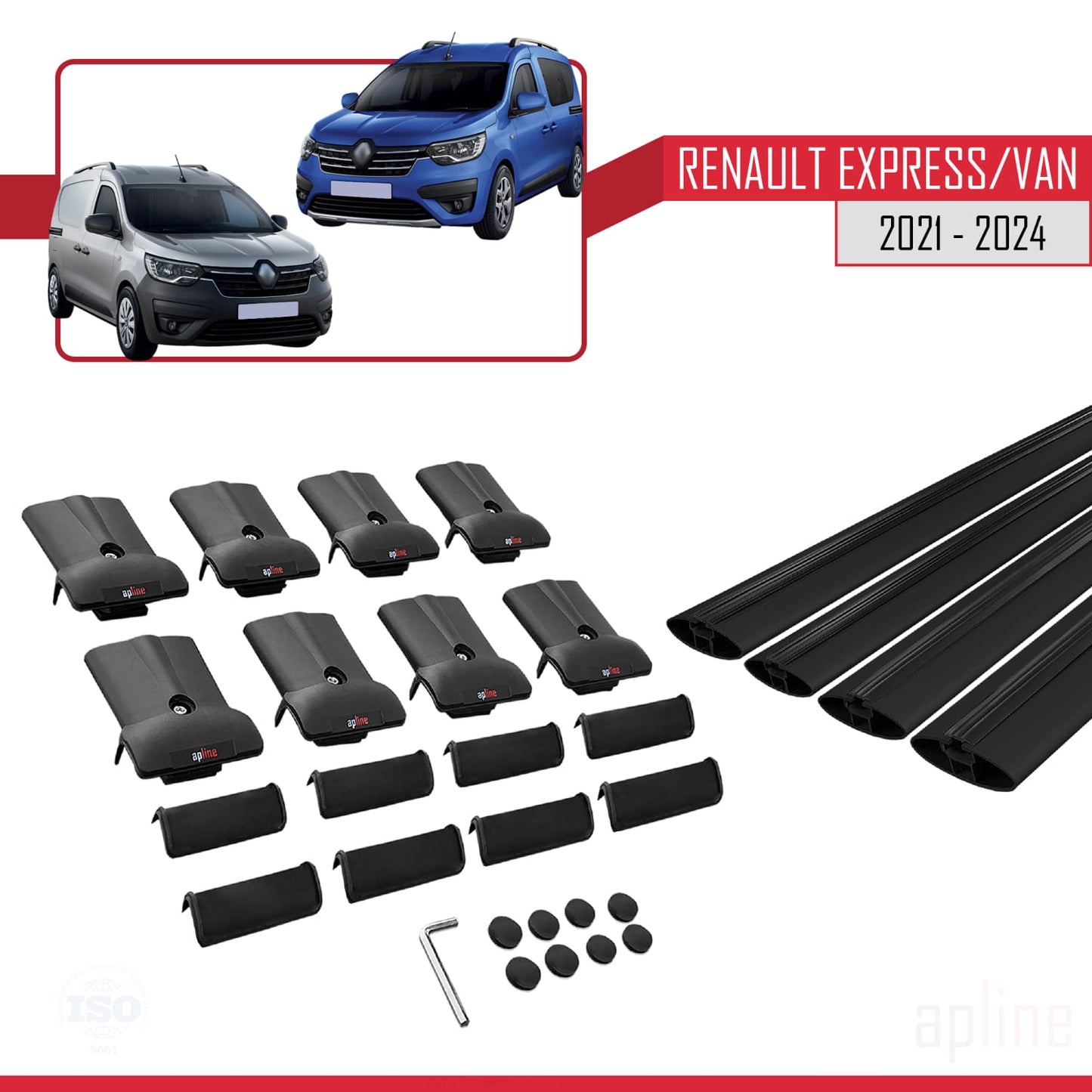 FLY Model Dakdrager bagagedrager compatibel met Renault Express 2021-2025 Spoorstaven Zwart Aluminium 4 Staven