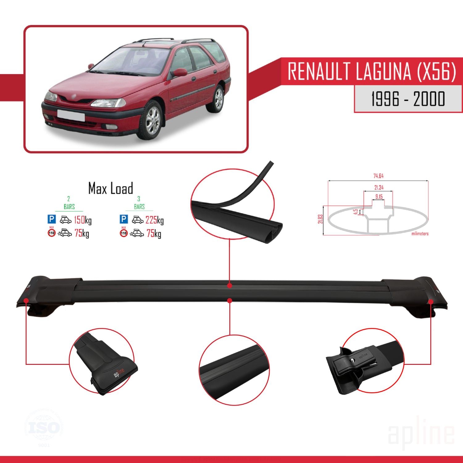 Compatible avec Renault Laguna (X56) 1996-200 FLY Model Barres de Toit Railing Porte-Bagages de Voiture Noir Aluminium 3 Barres