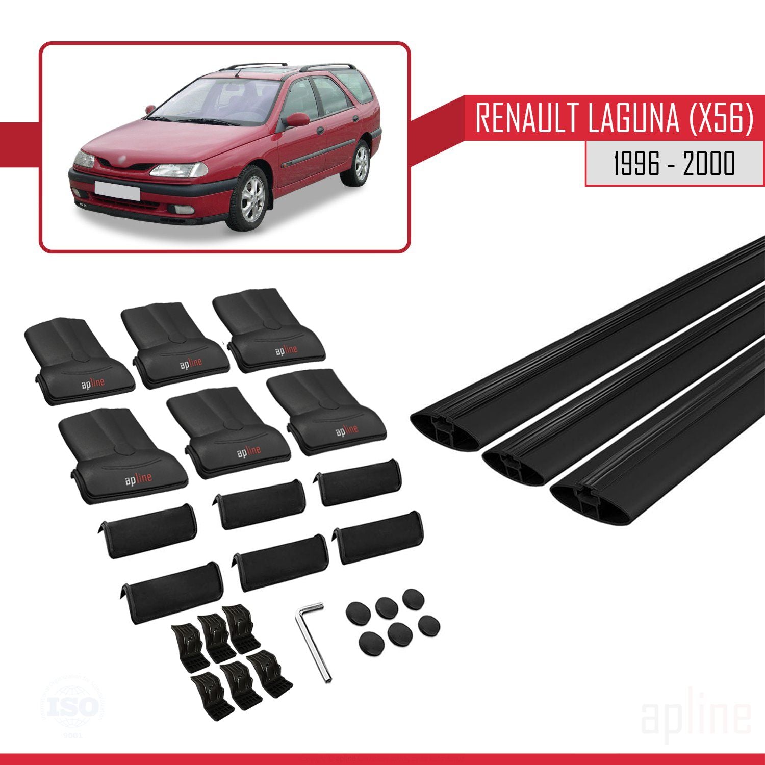 Compatible avec Renault Laguna (X56) 1996-200 FLY Model Barres de Toit Railing Porte-Bagages de Voiture Noir Aluminium 3 Barres