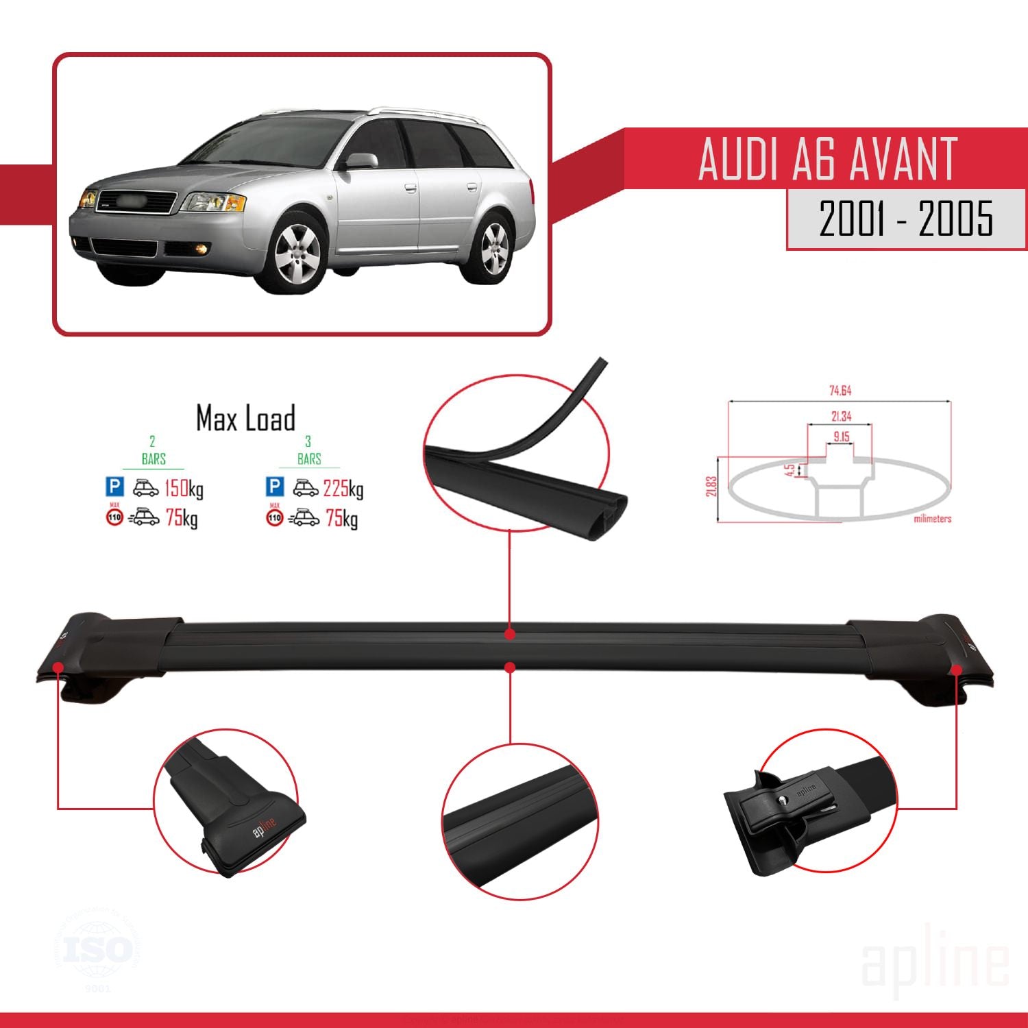 Compatible avec Audi A6 Avant 2001-2005 FLY Model Barres de Toit Railing Porte-Bagages de Voiture Noir Aluminium 3 Barres