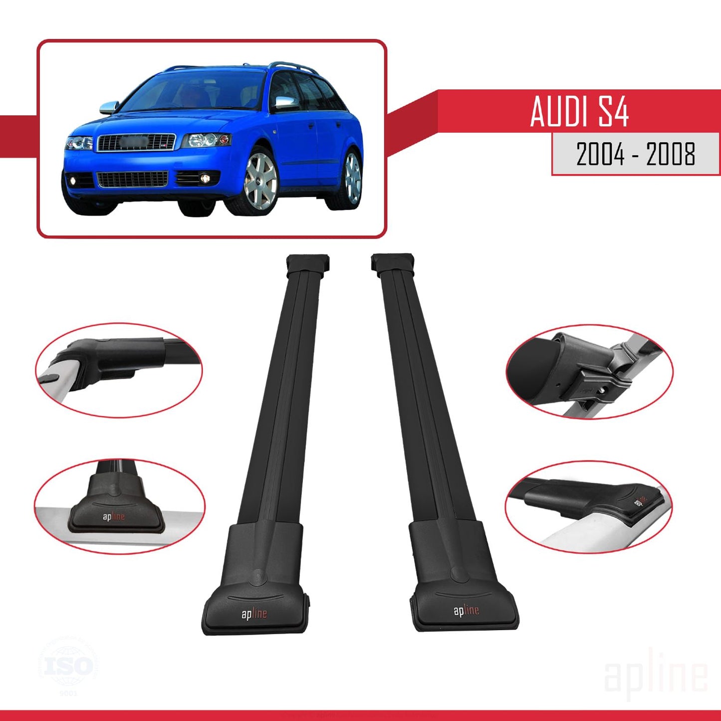 Compatible avec Audi S4 2004-2008 FLY Model Barres de Toit Railing Porte-Bagages de Voiture Noir Aluminium 2 Barres
