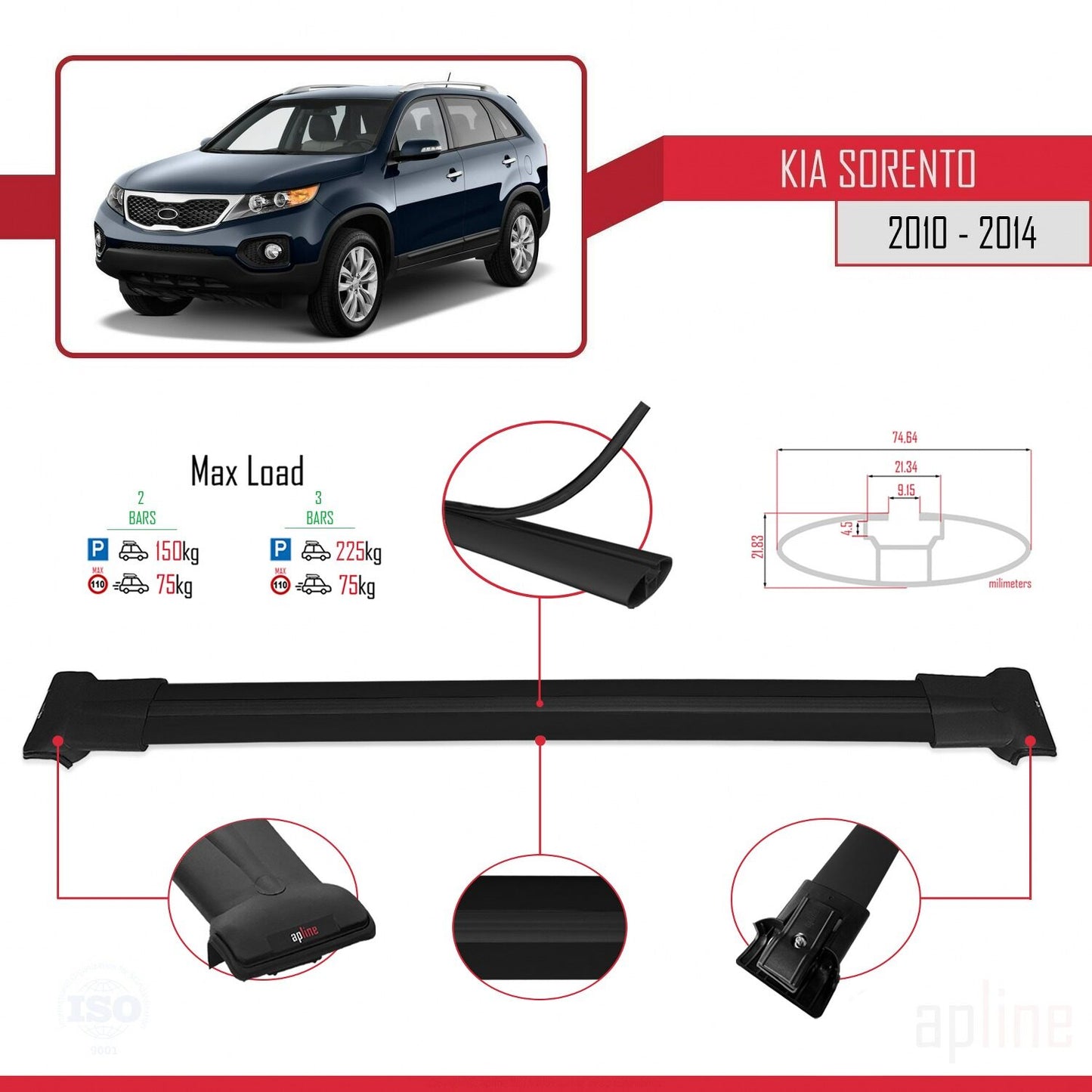 Compatible avec Kia Sorento 2 (XM) 2010-2014 FLY Model Barres de Toit Railing Porte-Bagages de Voiture Noir Aluminium 2 Barres