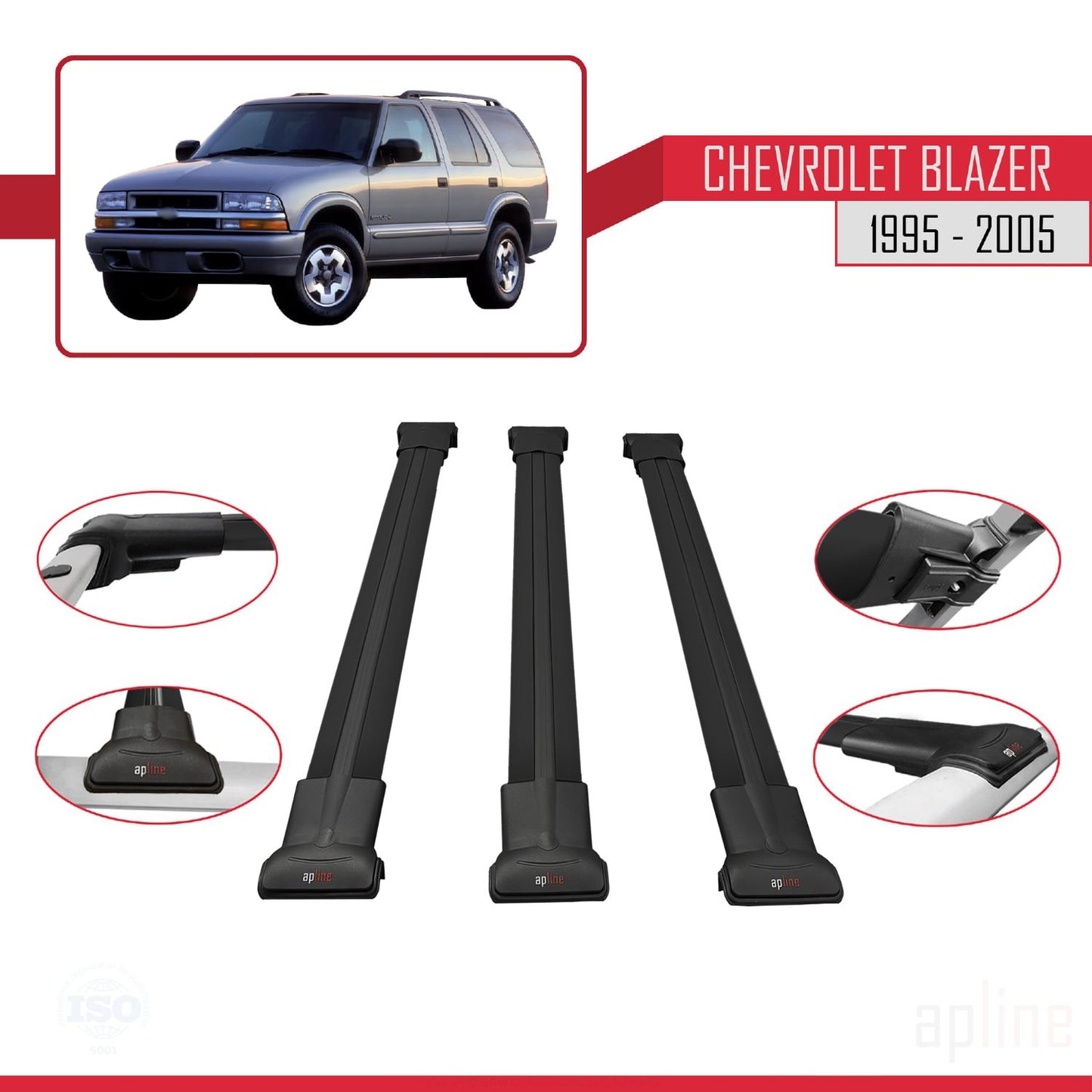 Compatible avec Chevrolet Blazer 1995-2005 FLY Model Barres de Toit Railing Porte-Bagages de Voiture Noir Aluminium 3 Barres