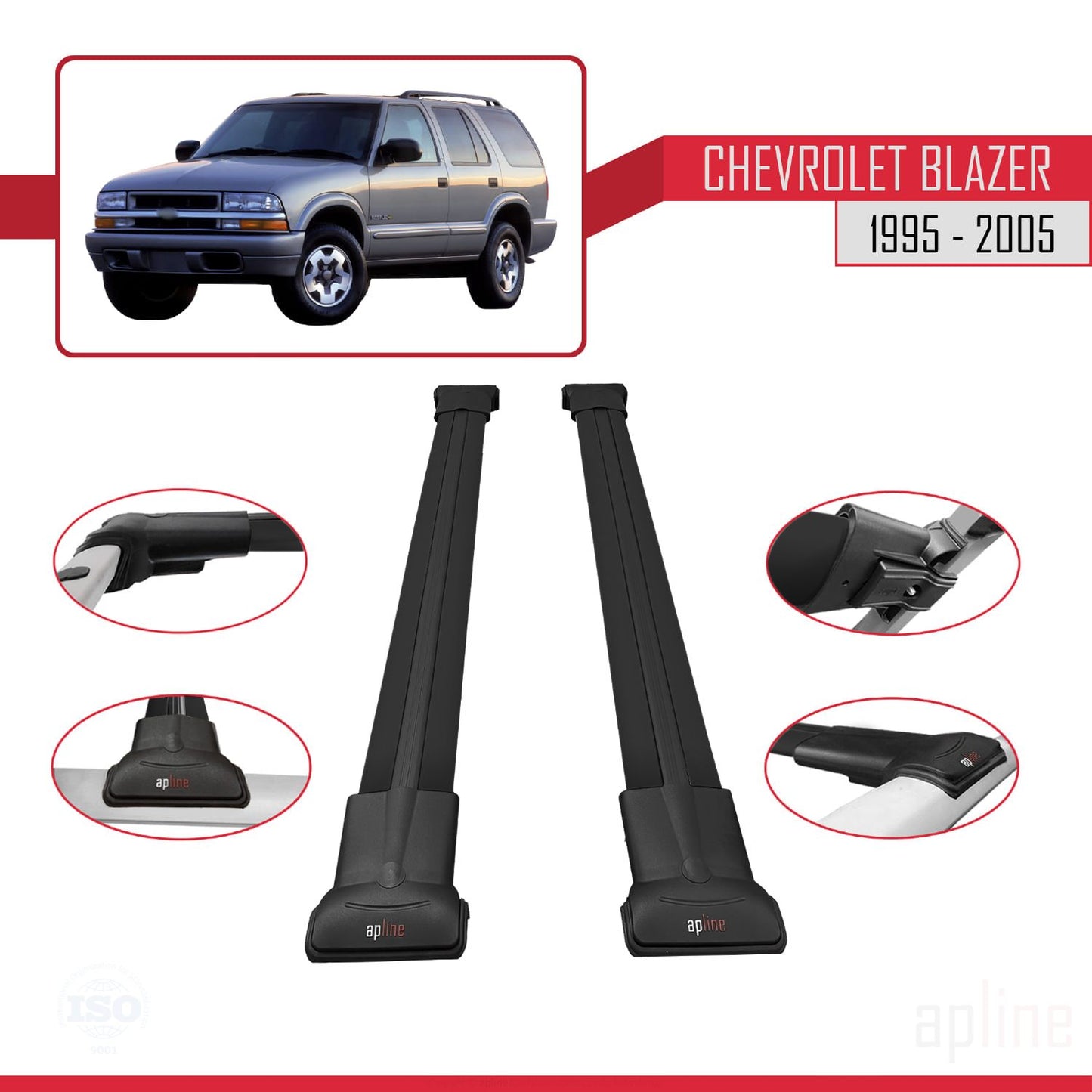 Compatible avec Chevrolet Blazer 1995-2005 FLY Model Barres de Toit Railing Porte-Bagages de Voiture Noir Aluminium 2 Barres