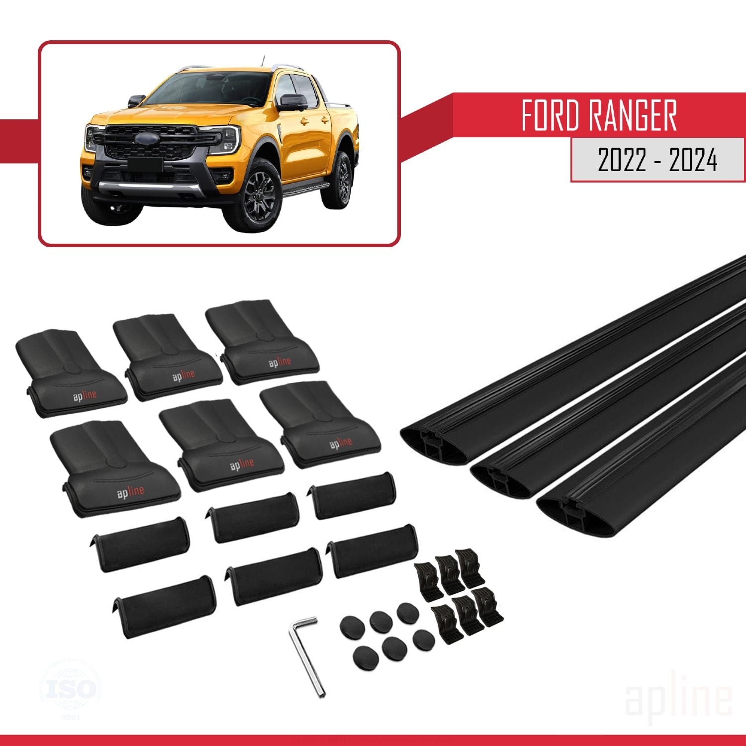 Compatible avec Ford Ranger (P703) 2022-2024 FLY Model Barres de Toit Railing Porte-Bagages de Voiture Noir Aluminium 3 Barres