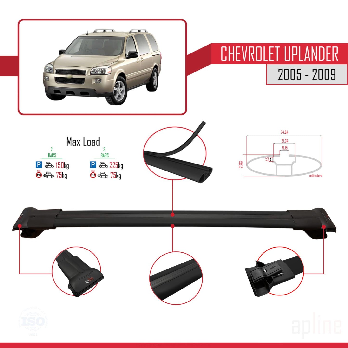 Compatible avec Chevrolet Uplander 2005-2009 FLY Model Barres de Toit Railing Porte-Bagages de Voiture Noir Aluminium 2 Barres