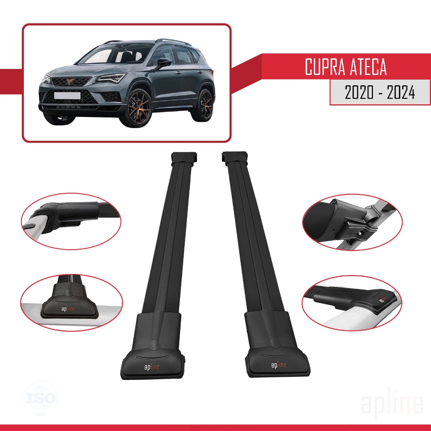 Compatible avec Cupra Ateca 2020-2024 FLY Model Barres de Toit Railing Porte-Bagages de Voiture Noir Aluminium 2 Barres