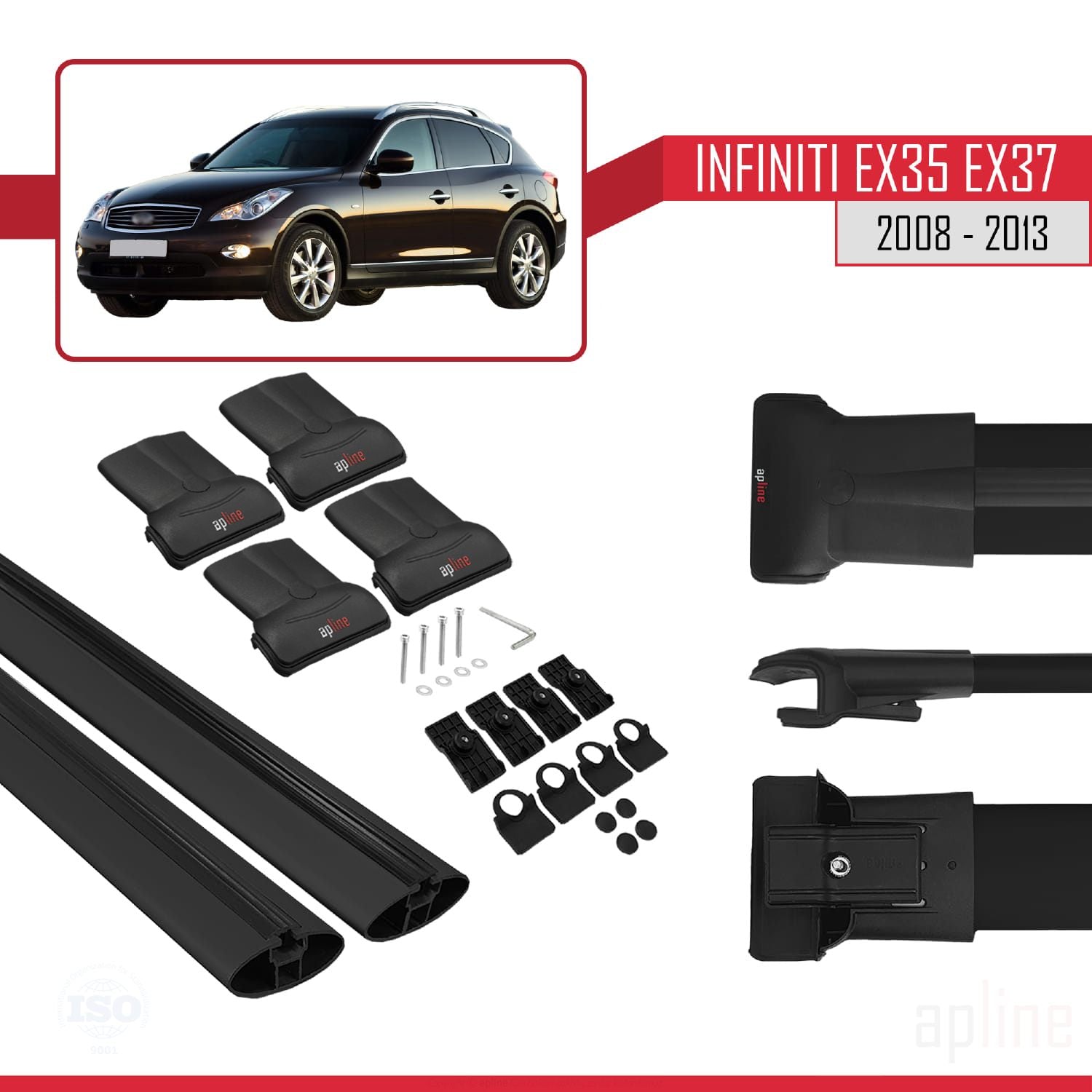 Compatible avec Infiniti EX35 EX37 2008-2013 FLY Model Barres de Toit Railing Porte-Bagages de Voiture Noir Aluminium 2 Barres