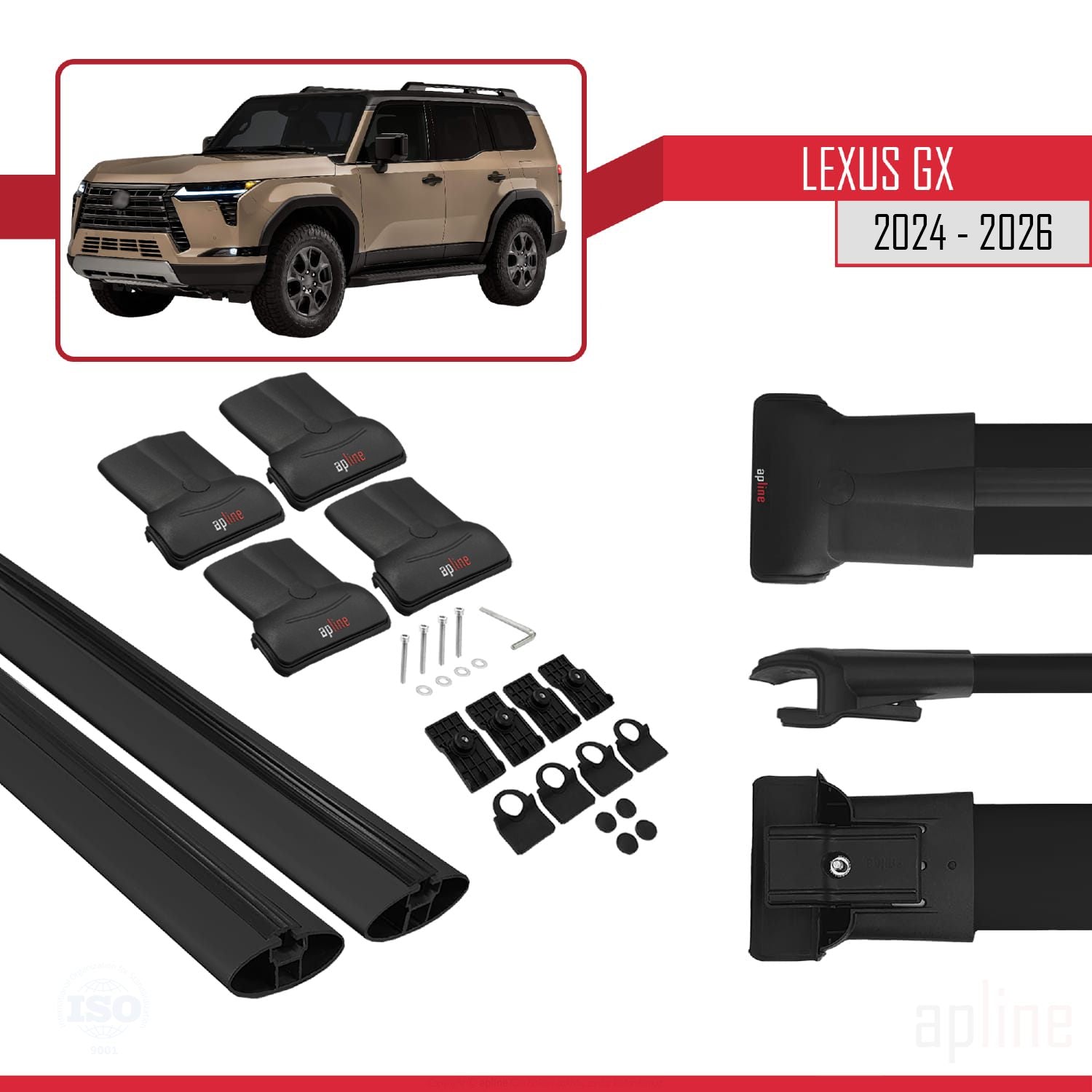 Compatible avec Lexus GX 2024-2025 FLY Model Barres de Toit Railing Porte-Bagages de Voiture Noir Aluminium 2 Barres