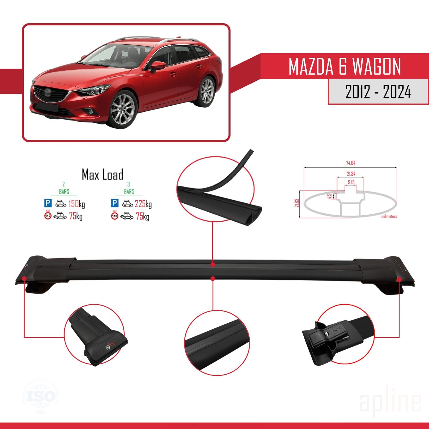 Compatible avec Mazda 6 Wagon 2012-2024 FLY Model Barres de Toit Railing Porte-Bagages de Voiture Noir Aluminium 3 Barres