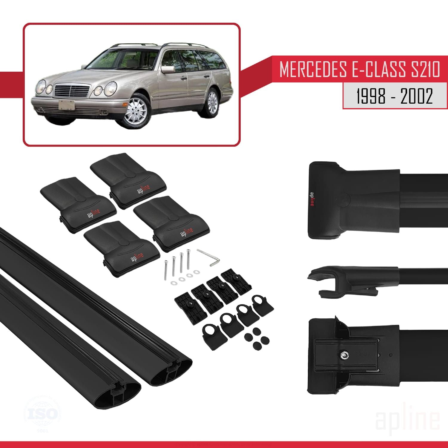Compatible avec Mercedes E Class S210 Wagon 1998-2002 FLY Model Barres de Toit Railing Porte-Bagages de Voiture Noir Aluminium 2 Barres