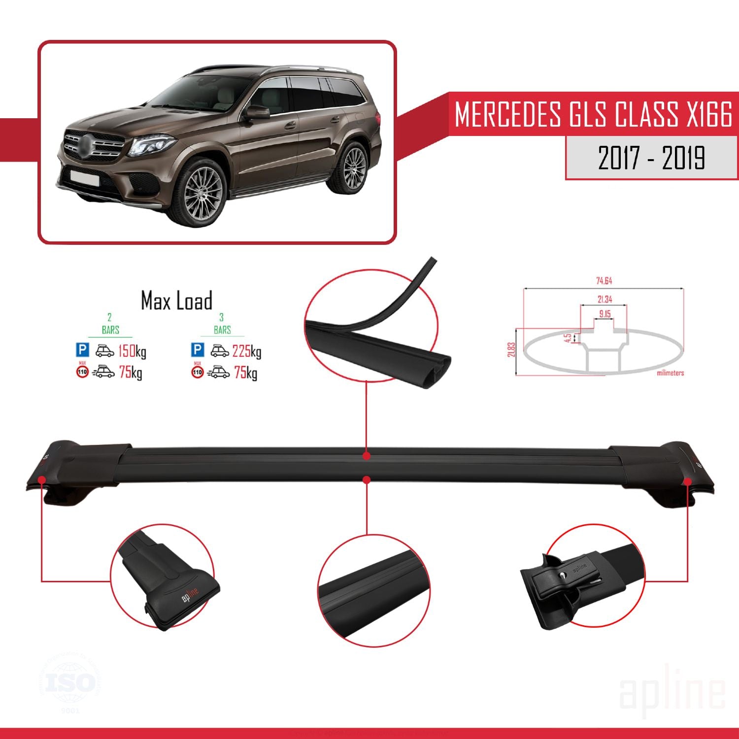 Compatible avec Mercedes GLS Class X166 2017-2019 FLY Model Barres de Toit Railing Porte-Bagages de Voiture Noir Aluminium 2 Barres