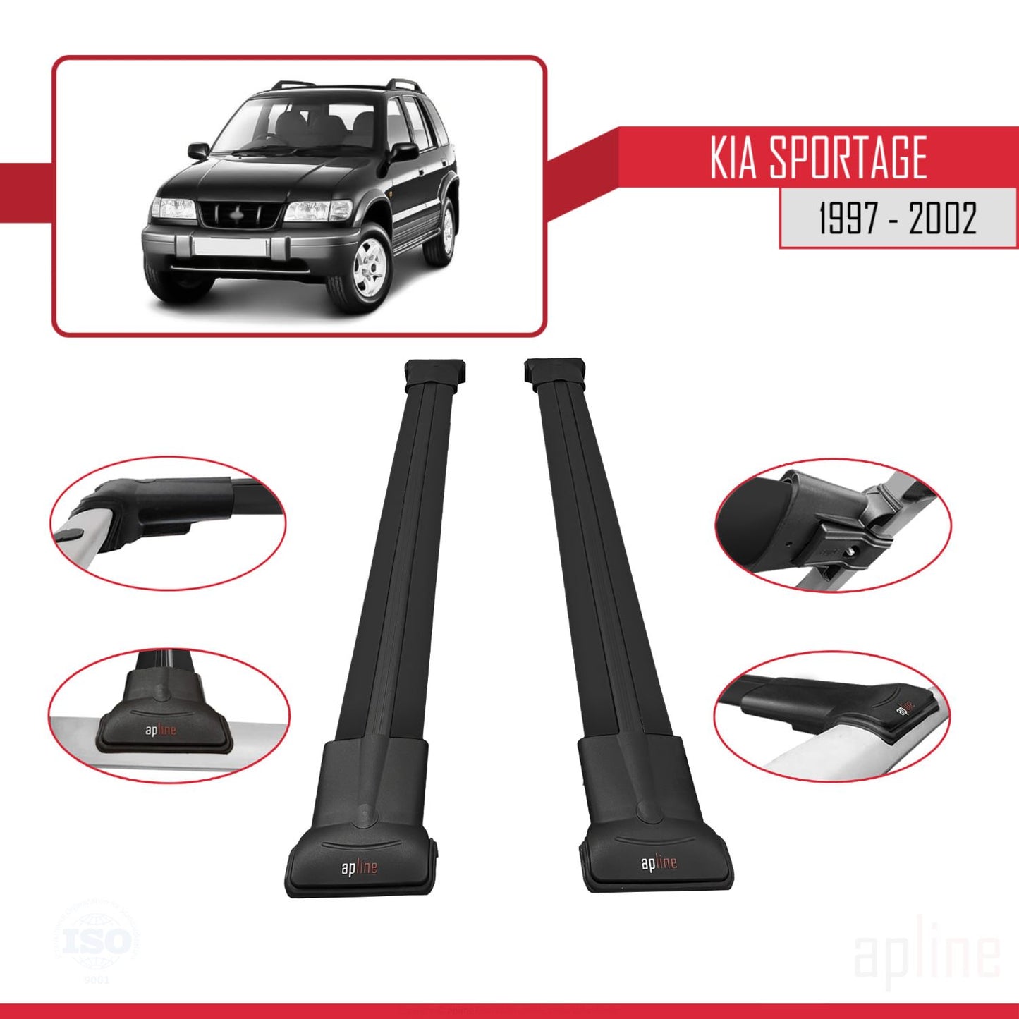 Compatible avec Kia Sportage 1997-2002 FLY Model Barres de Toit Railing Porte-Bagages de Voiture Noir Aluminium 2 Barres