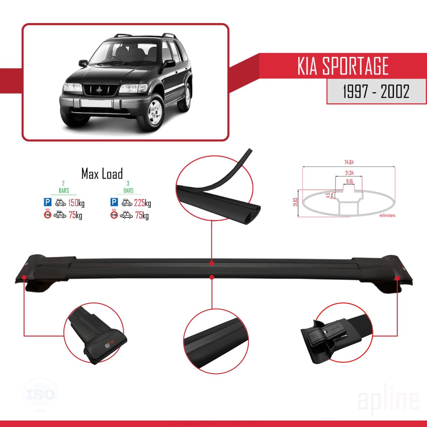 Compatible avec Kia Sportage 1997-2002 FLY Model Barres de Toit Railing Porte-Bagages de Voiture Noir Aluminium 2 Barres