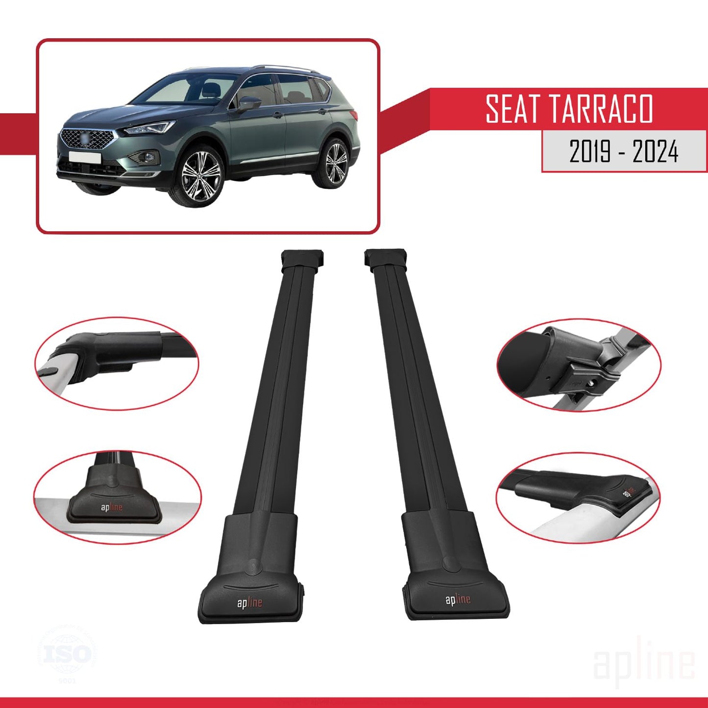 Compatible avec Seat Tarraco 2019-2024 FLY Model Barres de Toit Railing Porte-Bagages de Voiture Noir Aluminium 2 Barres