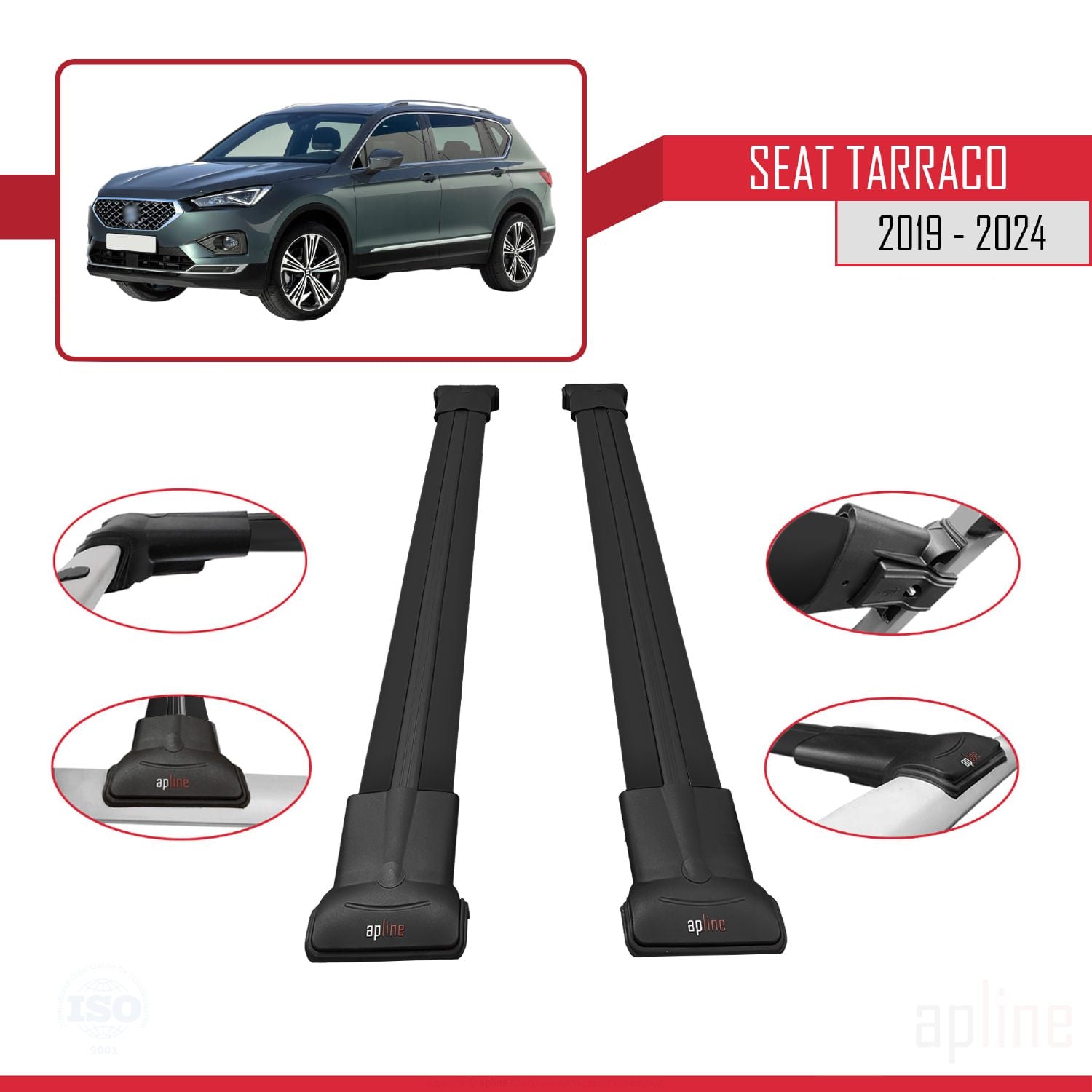 Compatible avec Seat Tarraco 2019-2024 FLY Model Barres de Toit Railing Porte-Bagages de Voiture Noir Aluminium 2 Barres