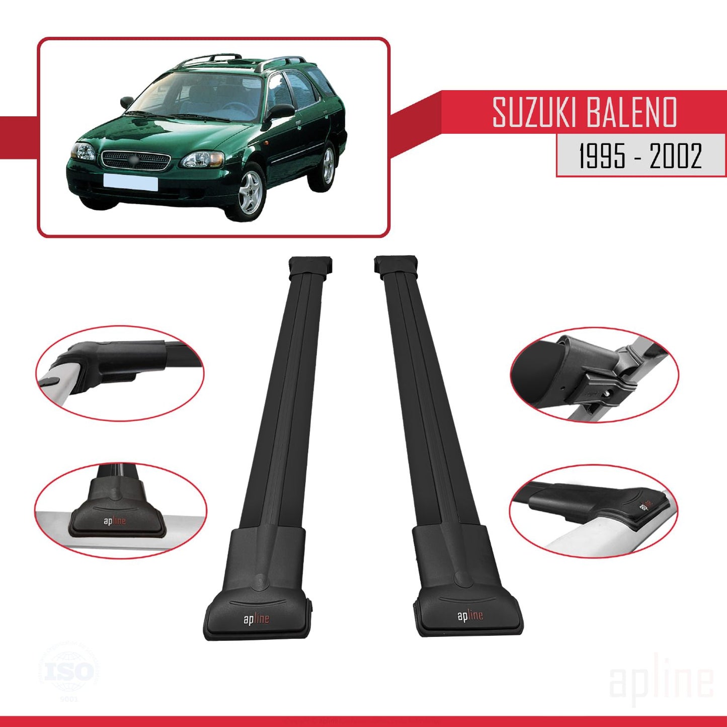 Compatible avec Suzuki Baleno 1995-2002 FLY Model Barres de Toit Railing Porte-Bagages de Voiture Noir Aluminium 2 Barres