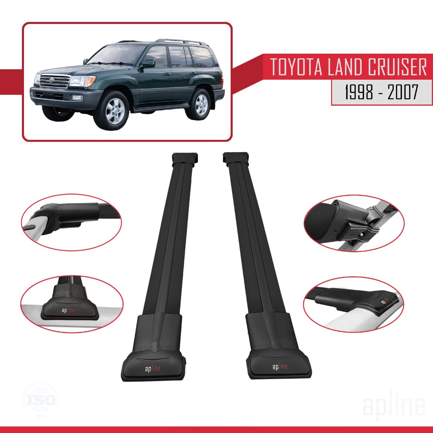 Compatible avec Toyota Land Cruiser 1998-2007 FLY Model Barres de Toit Railing Porte-Bagages de Voiture Noir Aluminium 2 Barres