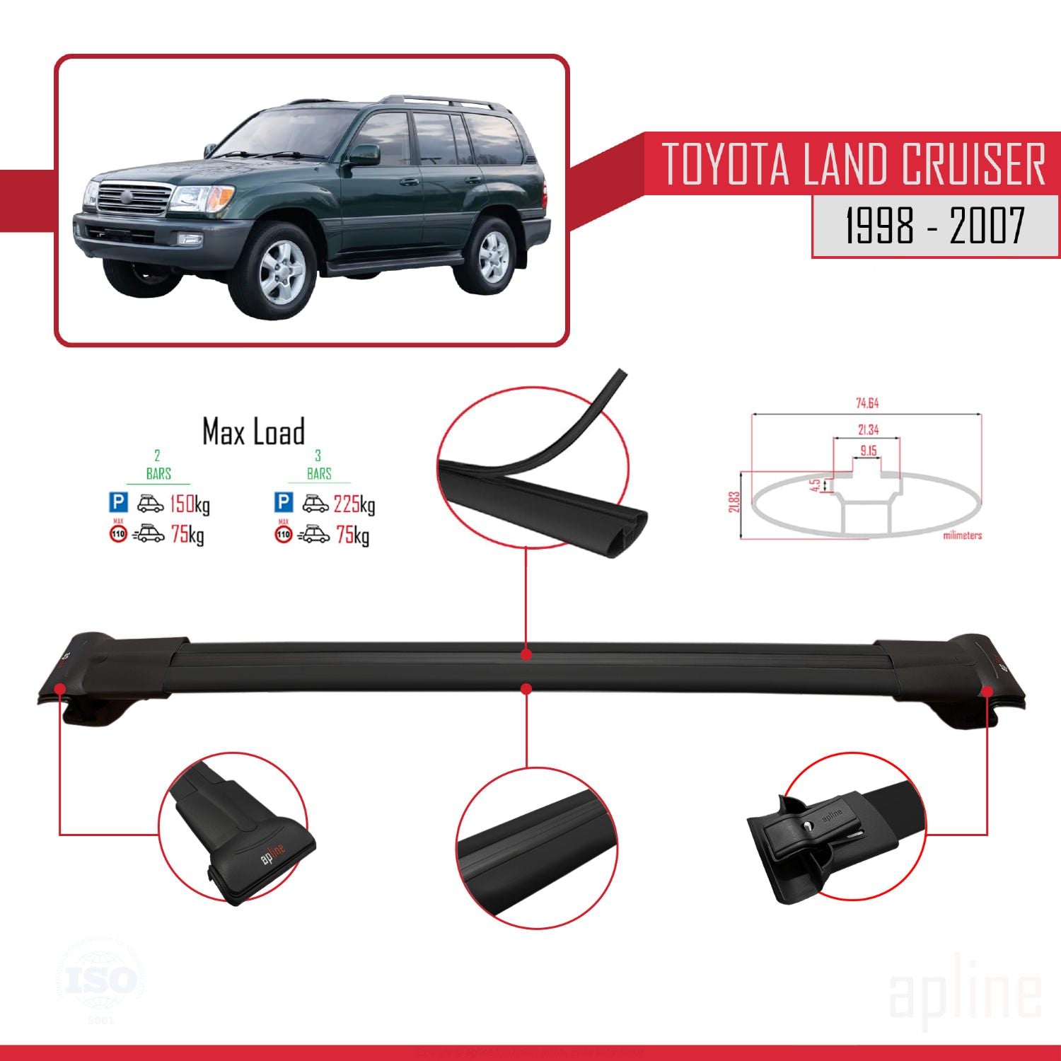 Compatible avec Toyota Land Cruiser 1998-2007 FLY Model Barres de Toit Railing Porte-Bagages de Voiture Noir Aluminium 2 Barres