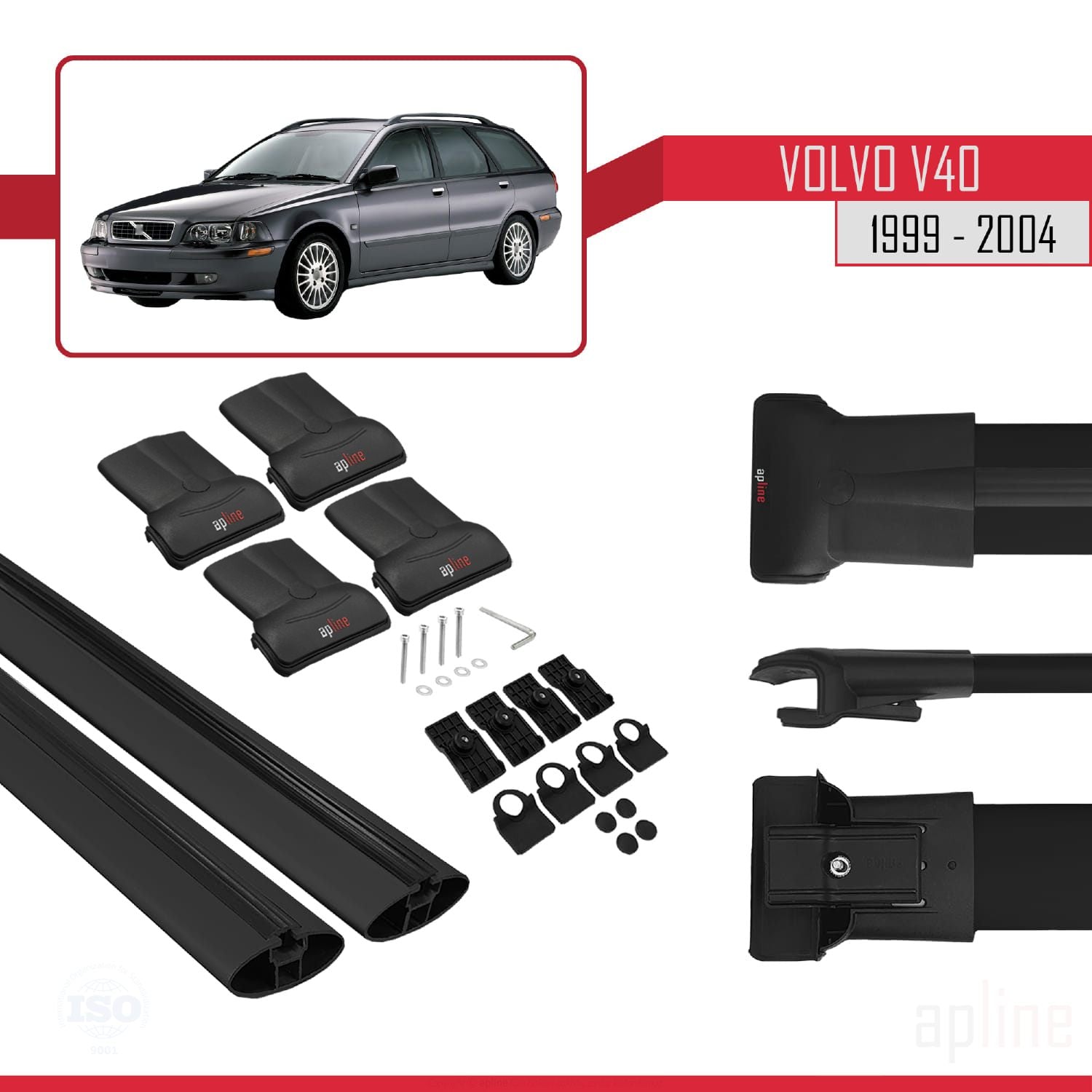 Compatible avec Volvo V40 1999-2004 FLY Model Barres de Toit Railing Porte-Bagages de Voiture Noir Aluminium 2 Barres