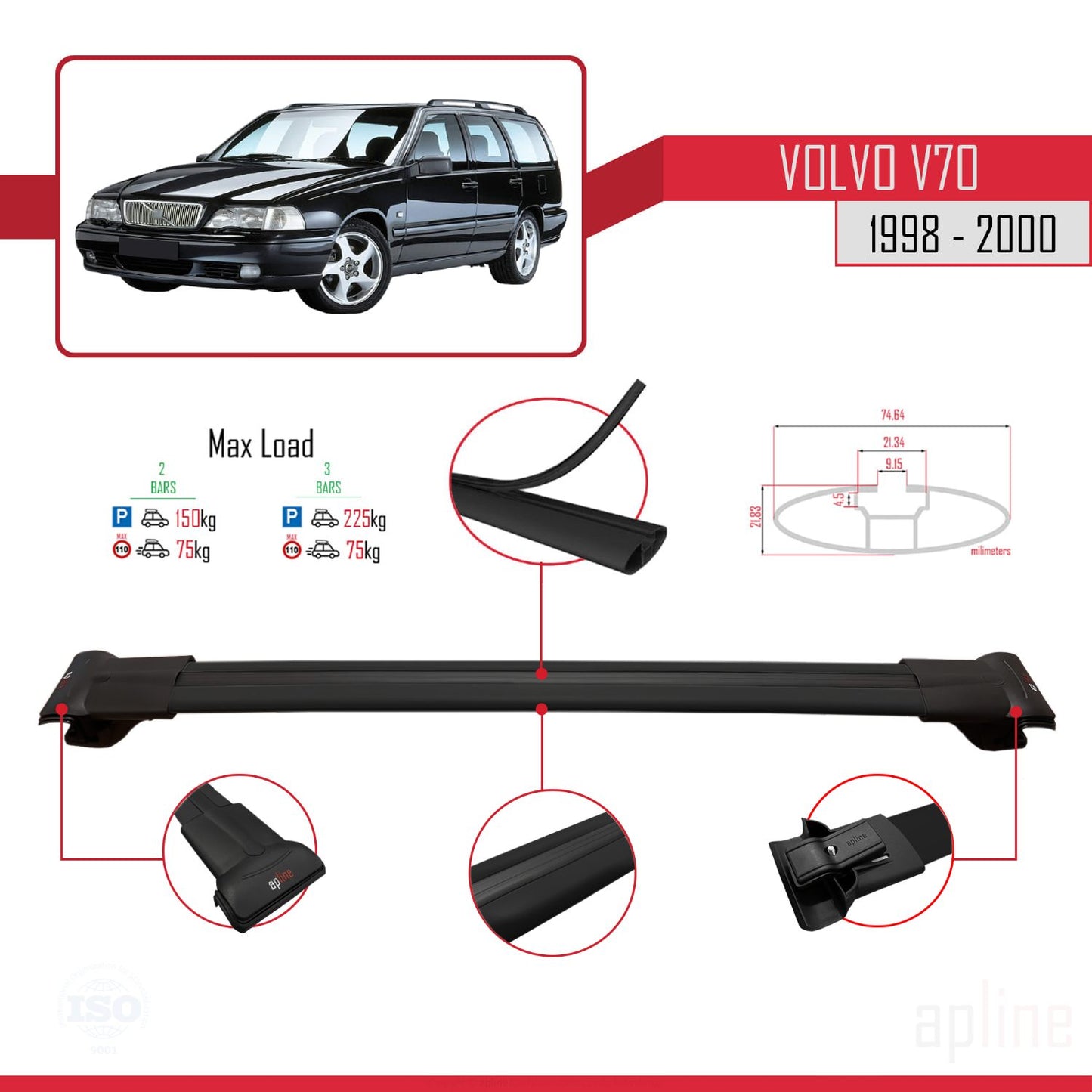Compatible avec Volvo V70 1998-2000 FLY Model Barres de Toit Railing Porte-Bagages de Voiture Noir Aluminium 2 Barres