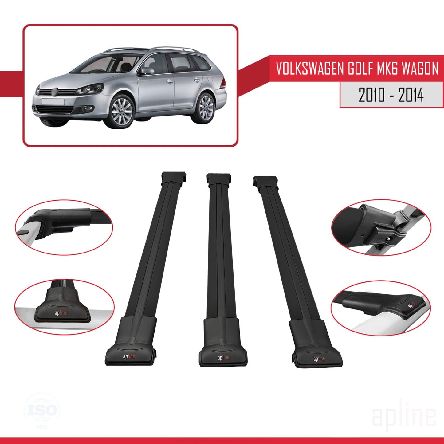 Compatible avec VW Golf Mk6 Wagon 2010-2014 FLY Model Barres de Toit Railing Porte-Bagages de Voiture Noir Aluminium 3 Barres