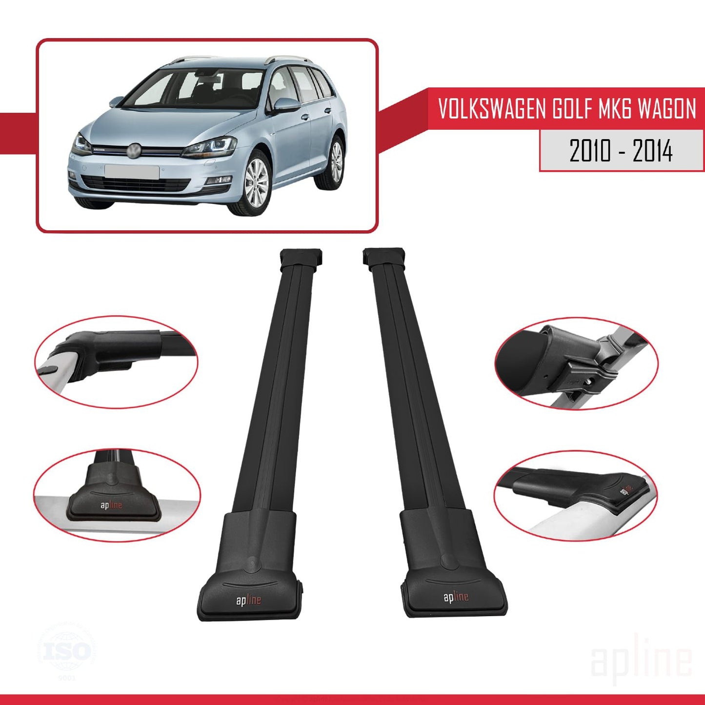 Compatible avec VW Golf Mk6 Wagon 2010-2014 FLY Model Barres de Toit Railing Porte-Bagages de Voiture Noir Aluminium 2 Barres