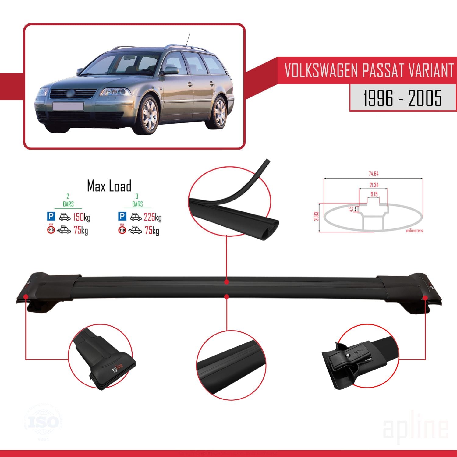 Compatible avec VW Passat B5 Variant 1996-2005 FLY Model Barres de Toit Railing Porte-Bagages de Voiture Noir Aluminium 3 Barres