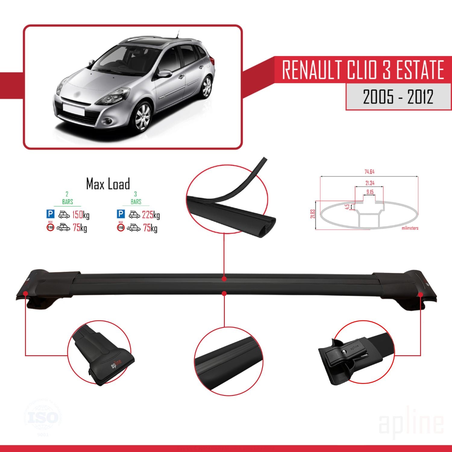 Compatible avec Renault Clio 3 Estate 2005-2012 FLY Model Barres de Toit Railing Porte-Bagages de Voiture Noir Aluminium 3 Barres