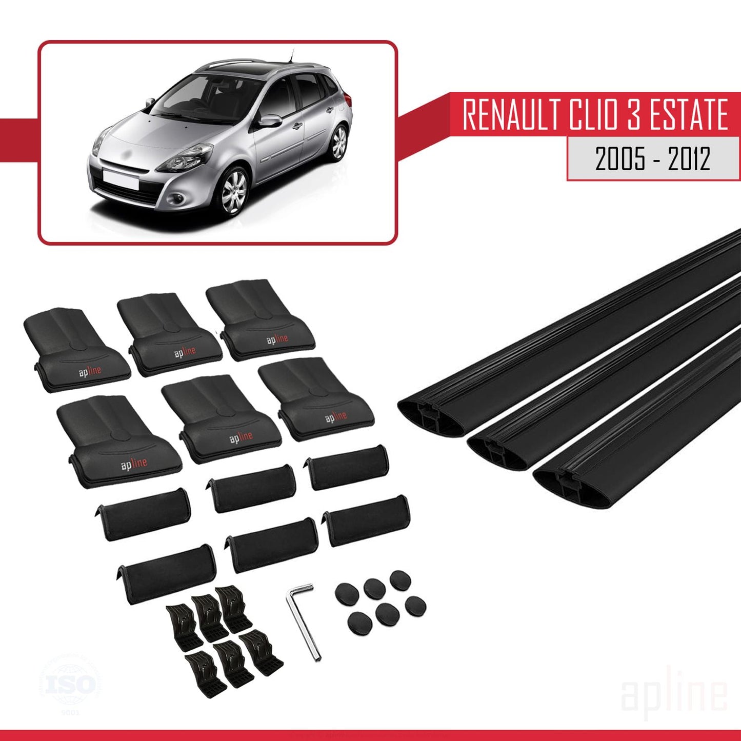 Compatible avec Renault Clio 3 Estate 2005-2012 FLY Model Barres de Toit Railing Porte-Bagages de Voiture Noir Aluminium 3 Barres