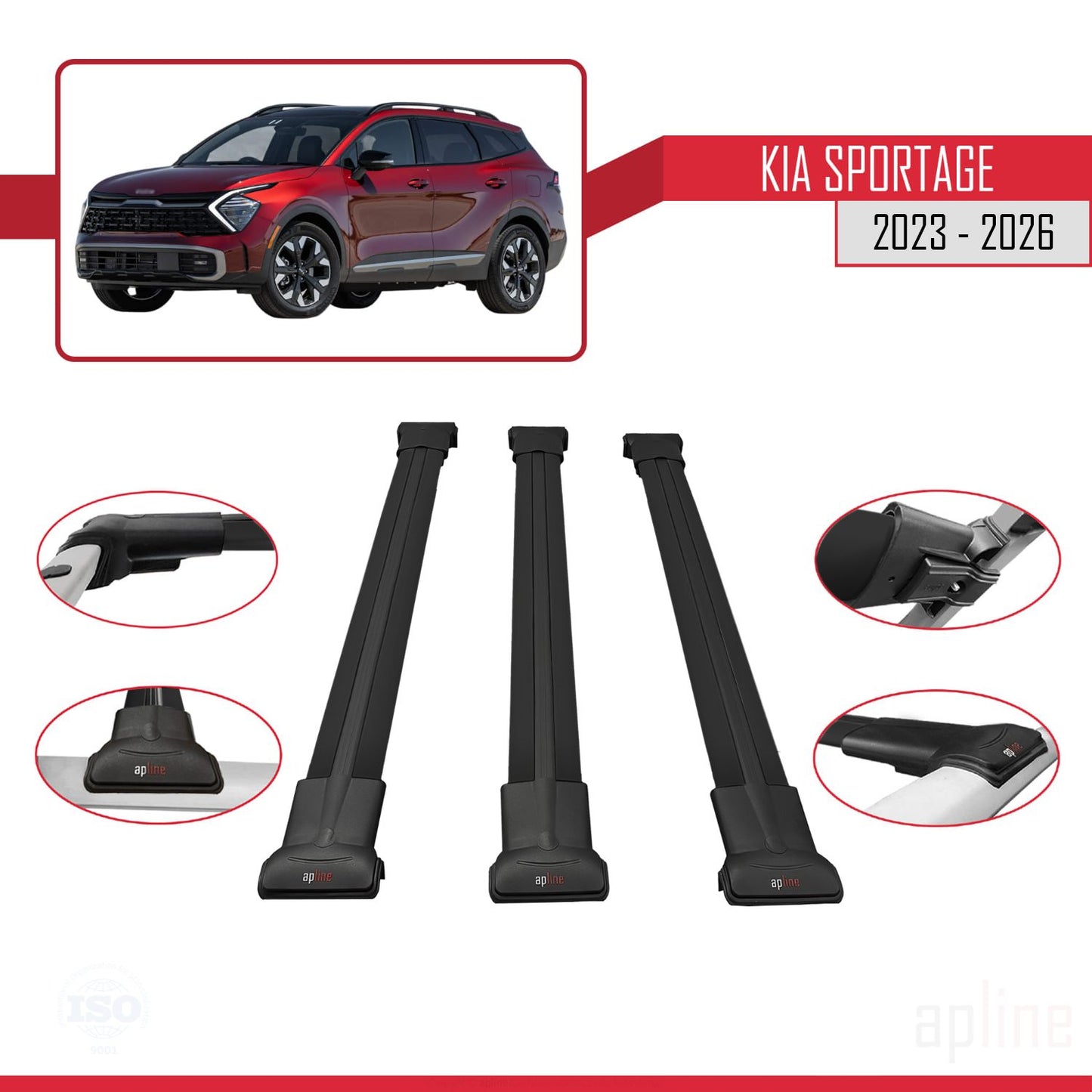 Compatible avec Kia Sportage 2023-2025 FLY Model Barres de Toit Railing Porte-Bagages de Voiture Noir Aluminium 3 Barres