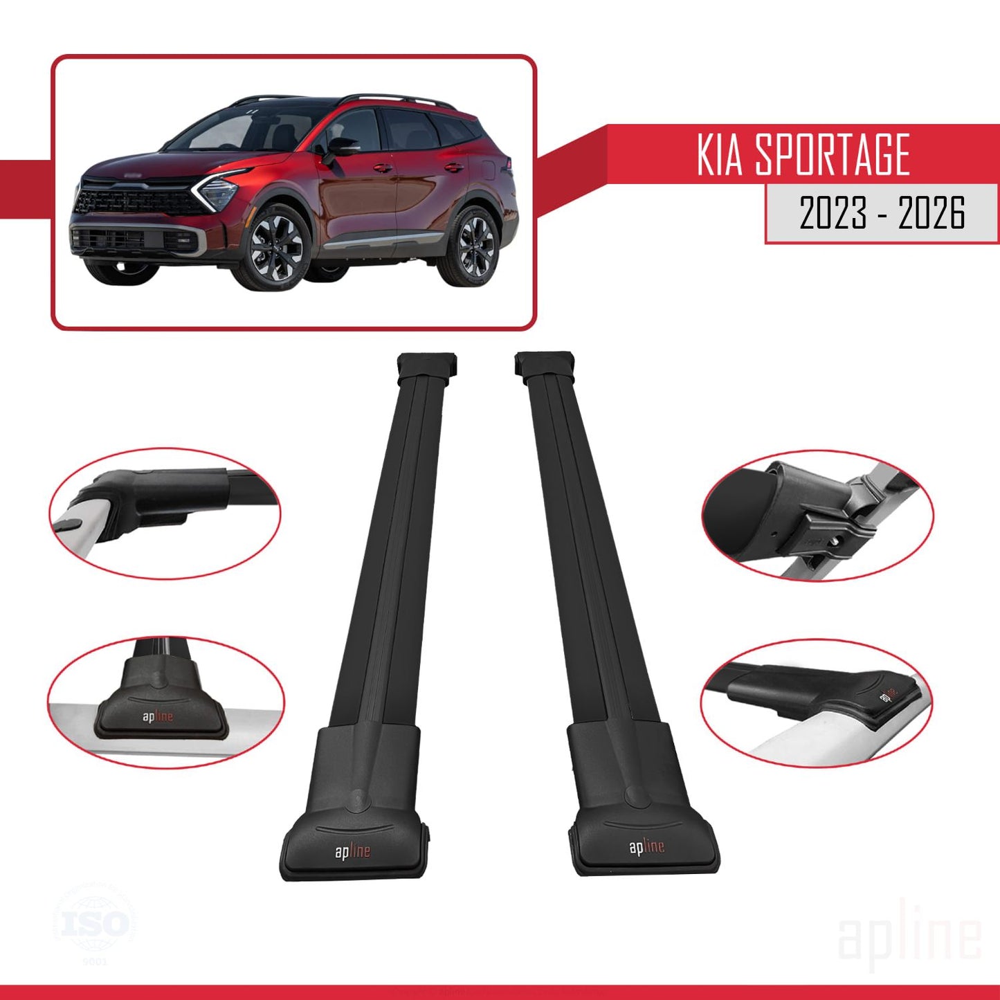Compatible avec Kia Sportage 2023-2025 FLY Model Barres de Toit Railing Porte-Bagages de Voiture Noir Aluminium 2 Barres