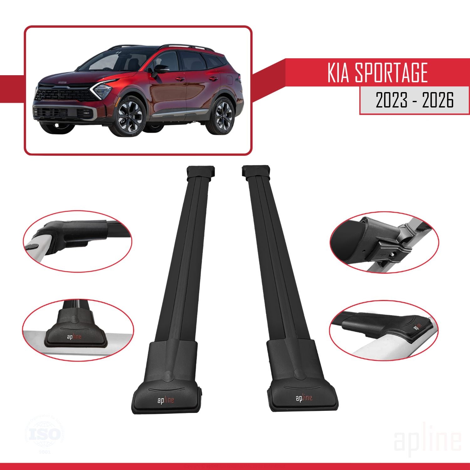 Compatible avec Kia Sportage 2023-2025 FLY Model Barres de Toit Railing Porte-Bagages de Voiture Noir Aluminium 2 Barres