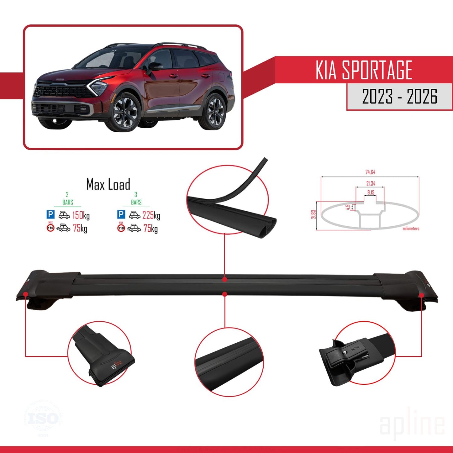 Compatible avec Kia Sportage 2023-2025 FLY Model Barres de Toit Railing Porte-Bagages de Voiture Noir Aluminium 2 Barres