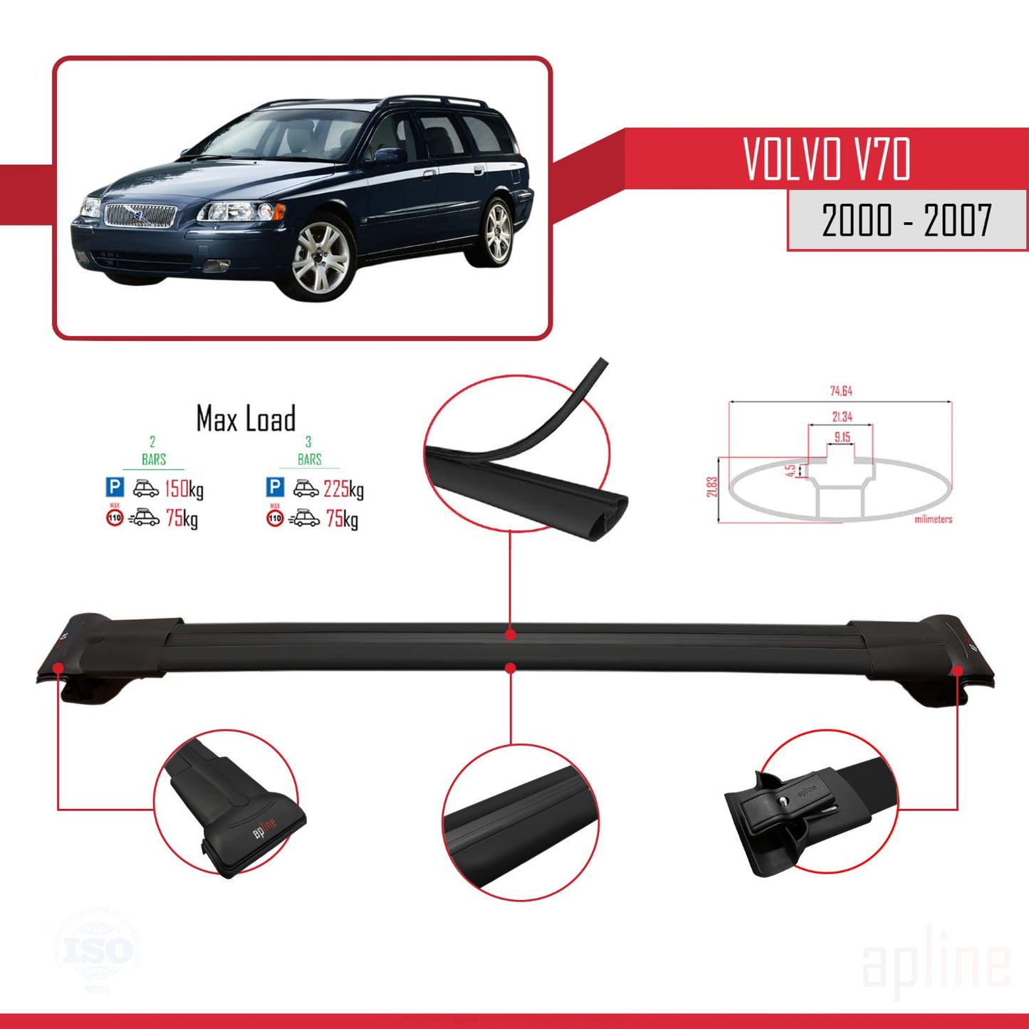 Compatible avec Volvo V70 2000-2007 FLY Model Barres de Toit Railing Porte-Bagages de Voiture Noir Aluminium 3 Barres