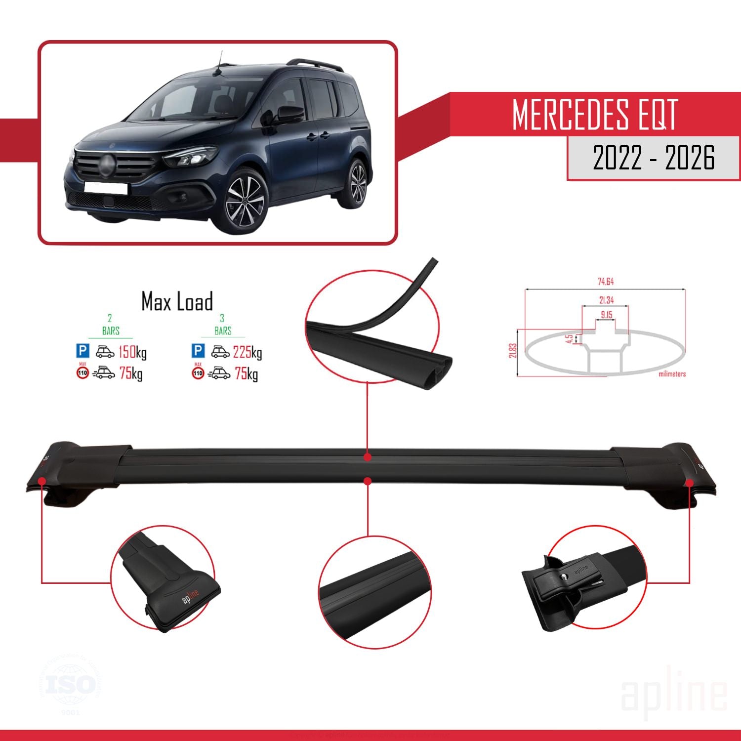 Compatible avec Mercedes EQT / Citan W420 2022-2025 FLY Model Barres de Toit Railing Porte-Bagages de Voiture Noir Aluminium 3 Barres