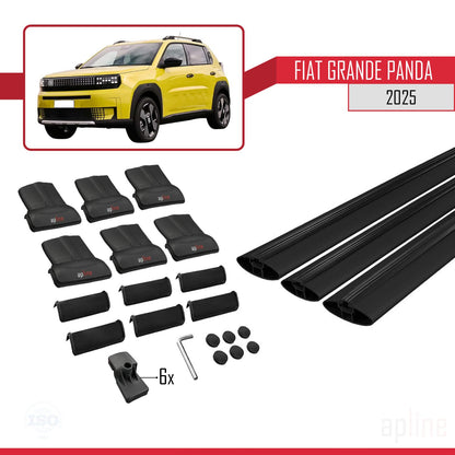 Compatible avec Fiat Grande Panda 2025-2025 FLY Model Barres de Toit Railing Porte-Bagages de Voiture Noir Aluminium 3 Barres