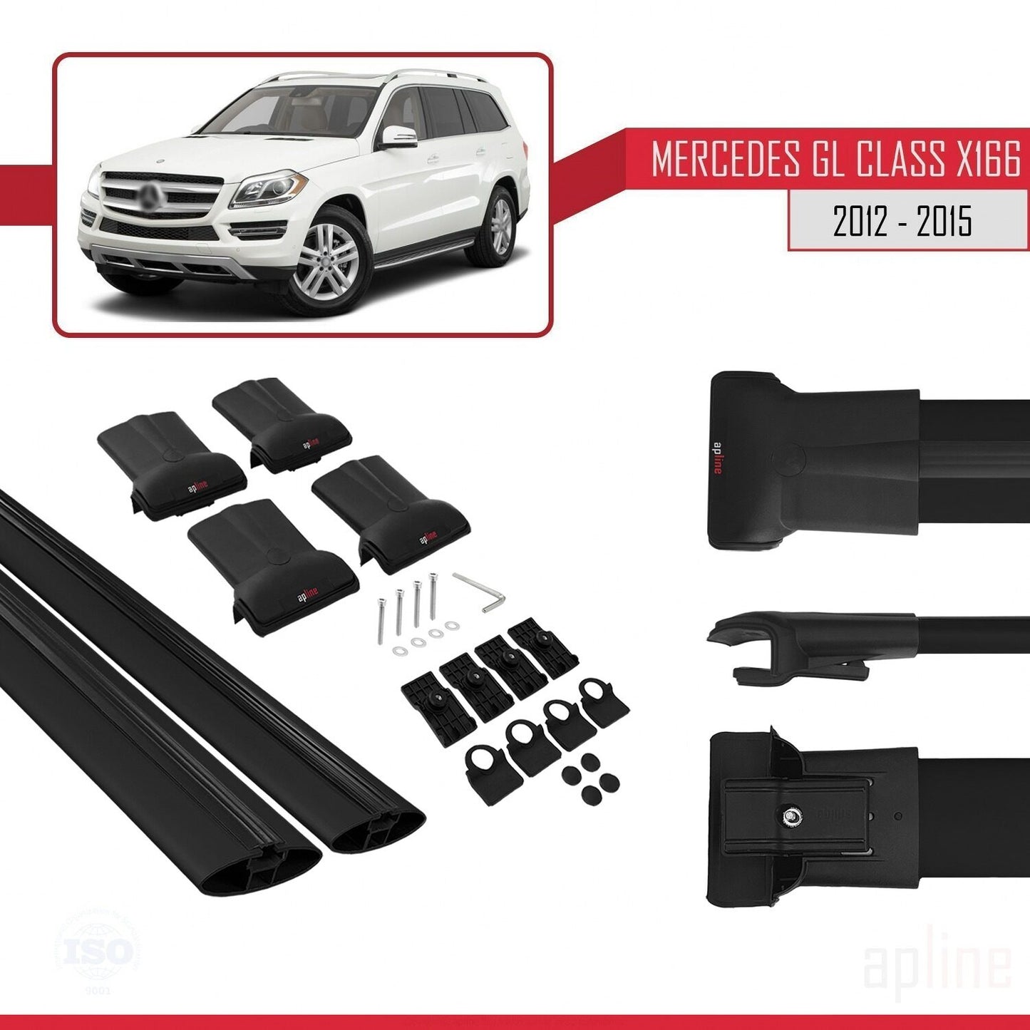 Compatible avec Mercedes Classe GL 2 (X166) Pre-Facelift 2013-2015 FLY Model Barres de Toit Railing Porte-Bagages de Voiture Noir Aluminium 2 Barres