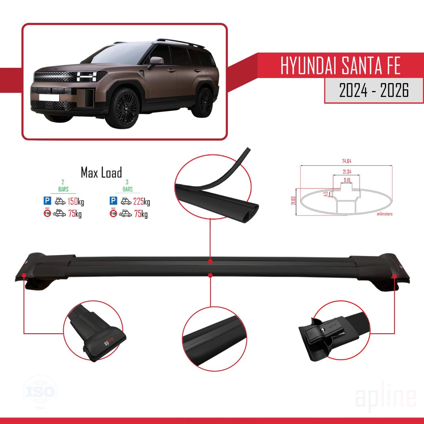 Compatible avec Hyundai Santa Fe 2024-2025 FLY Model Barres de Toit Railing Porte-Bagages de Voiture Noir Aluminium 3 Barres
