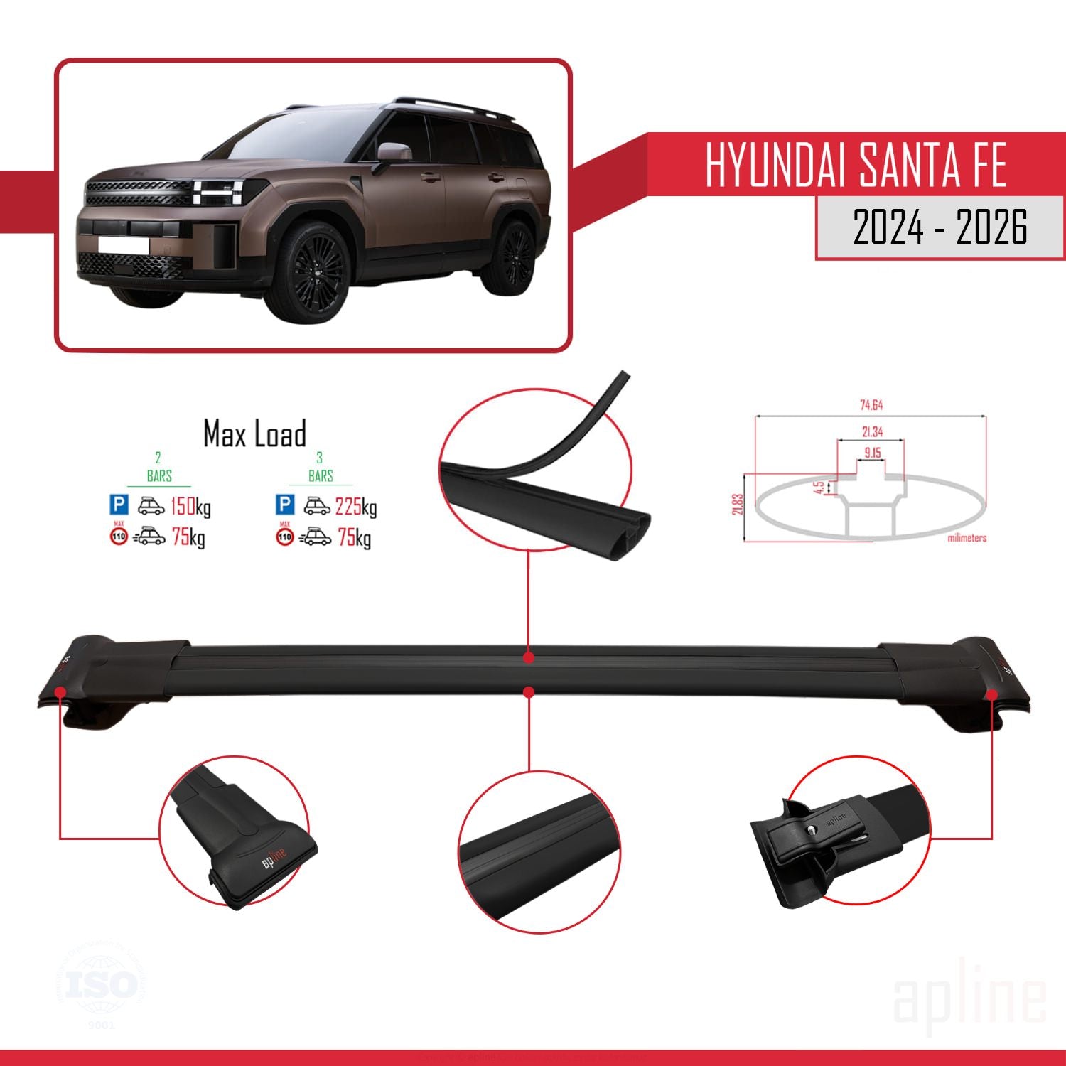 Compatible avec Hyundai Santa Fe 2024-2025 FLY Model Barres de Toit Railing Porte-Bagages de Voiture Noir Aluminium 3 Barres
